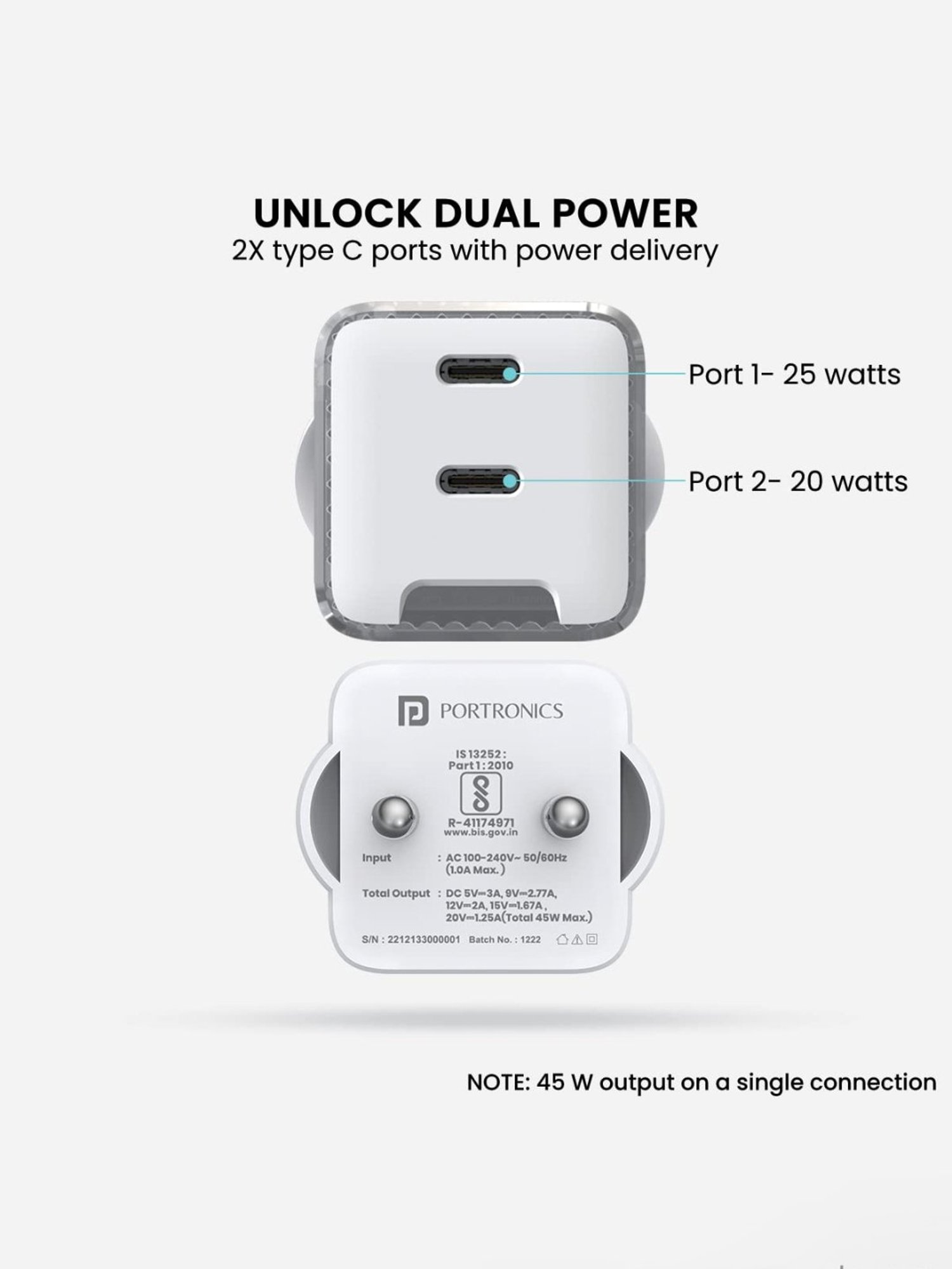 Portronics Adapto 4 Dual Ports High Power PD Charger with Supports Laptop Charging (White)