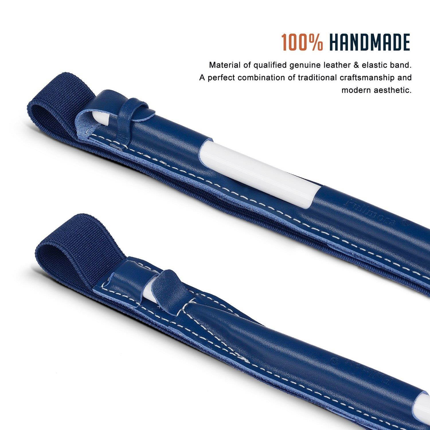 Fullmosa 4 Colors for Apple Pencil Holder, Genuine Litchi Texture Leather Apple Pencil Sleeve with USB pocket Handmade Compatible with iPad Pro 12.9" Cases, Dark Blue