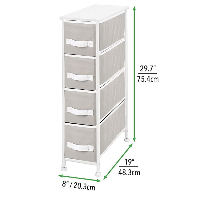 Narrow Vertical Dresser Storage Tower - Sturdy Metal Frame, Wood Top, Easy Pull Fabric Bins - Organizer Unit for Bedroom, Hallway, Entryway, Closet - 4 Drawers - Gray/White