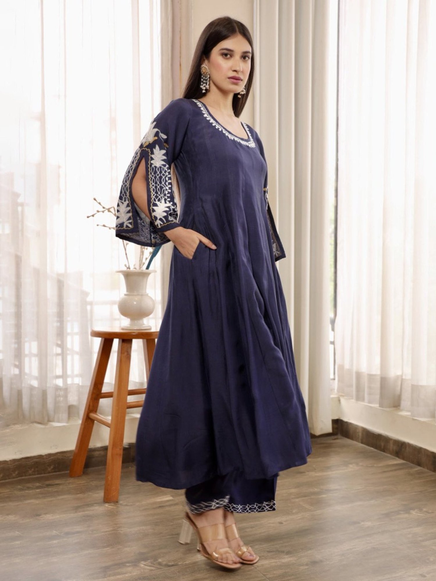 Asrumo Blue Adah Monsoon Aari Embroidered Anarkali Kurta with Pant and Dupatta