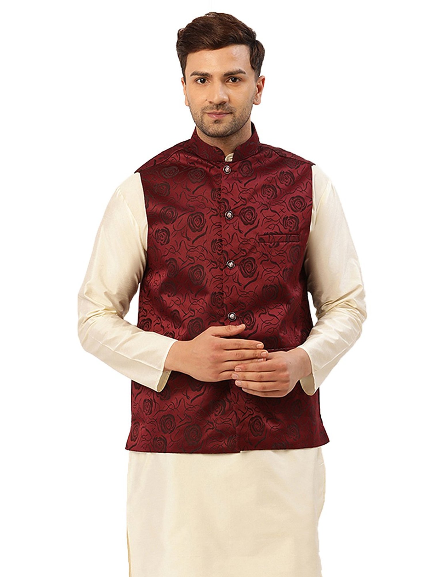 Jompers Maroon Cotton Regular Fit Floral Print Nehru Jackets