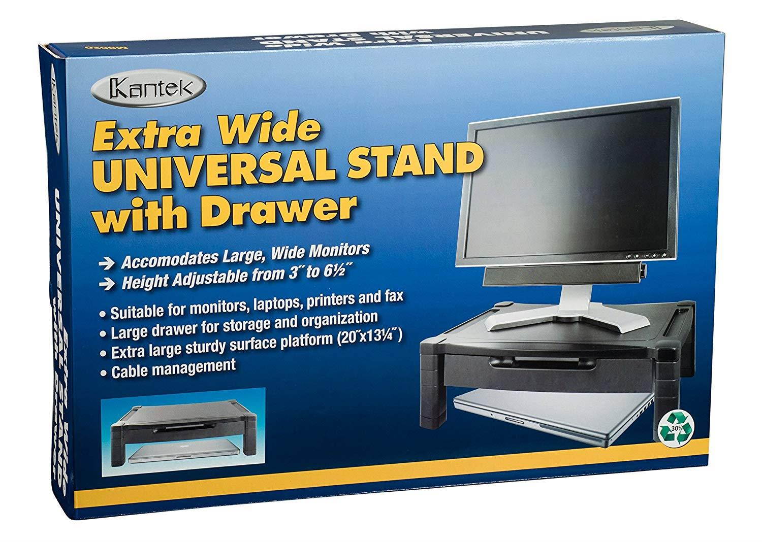 Kantek Extra Wide Height-Adjustable Monitor/Laptop Stand with Drawer, 20 X 13 X 3 to 6-1/2 Inches, Black (MS520)