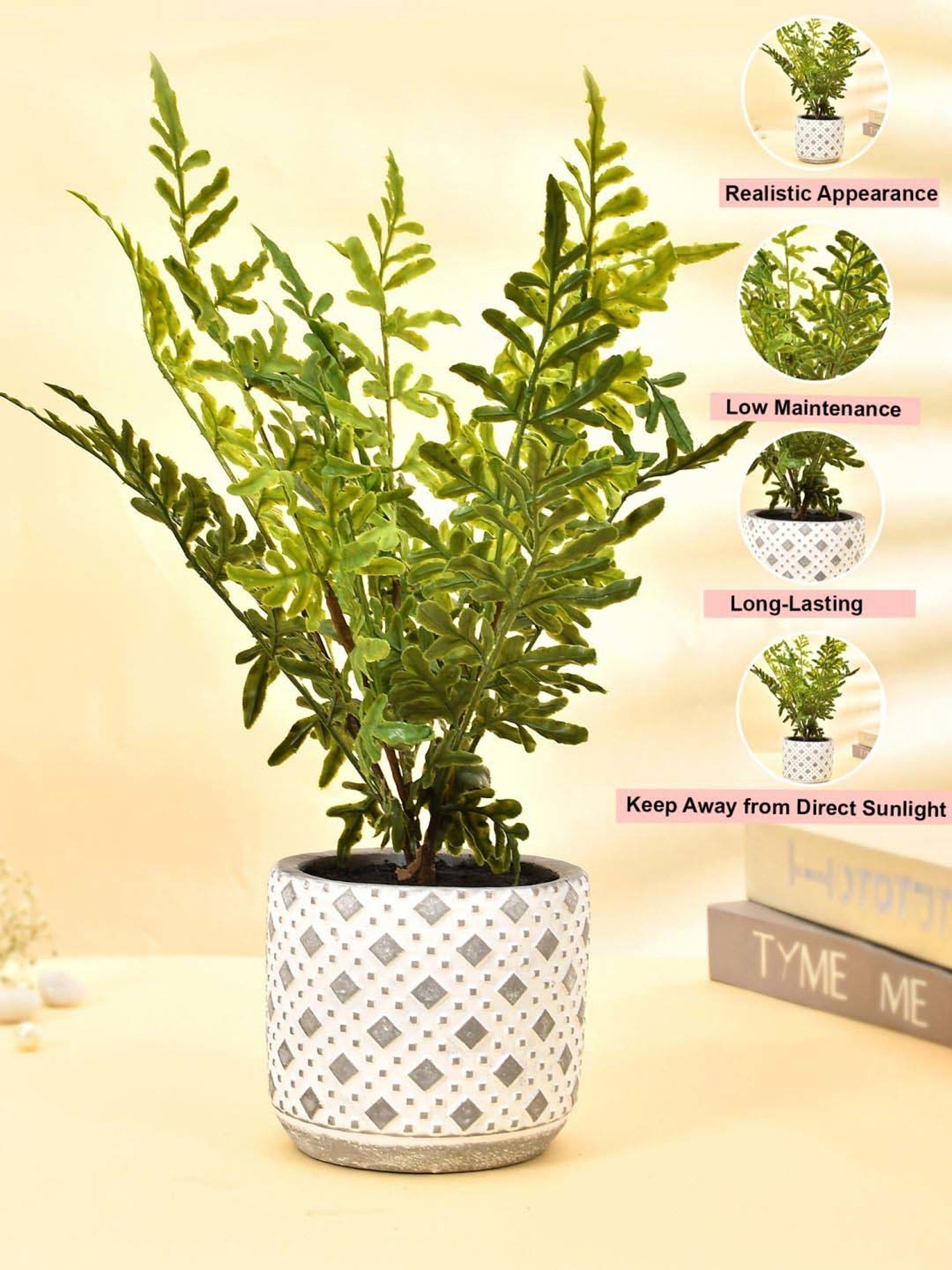 Tayhaa Grey & Green Ceramic Diamon Patterned Pot With Artificial Fern