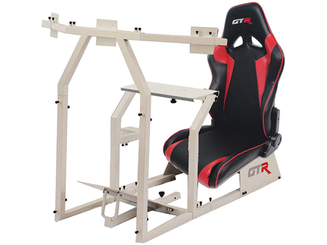 GTR Simulator GTAF-WHT-S105LBK - GTA-F Model (White) Triple or Single Monitor Stand with Black Adjustable Leatherette Seat, Racing Simulator Cockpit Gaming Chair Single Monitor Stand