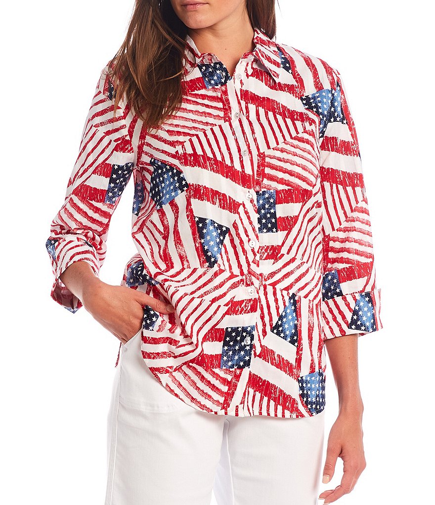 Allison Daley Stars & Stripes Patchwork Print 3/4 Sleeve Button Front Top