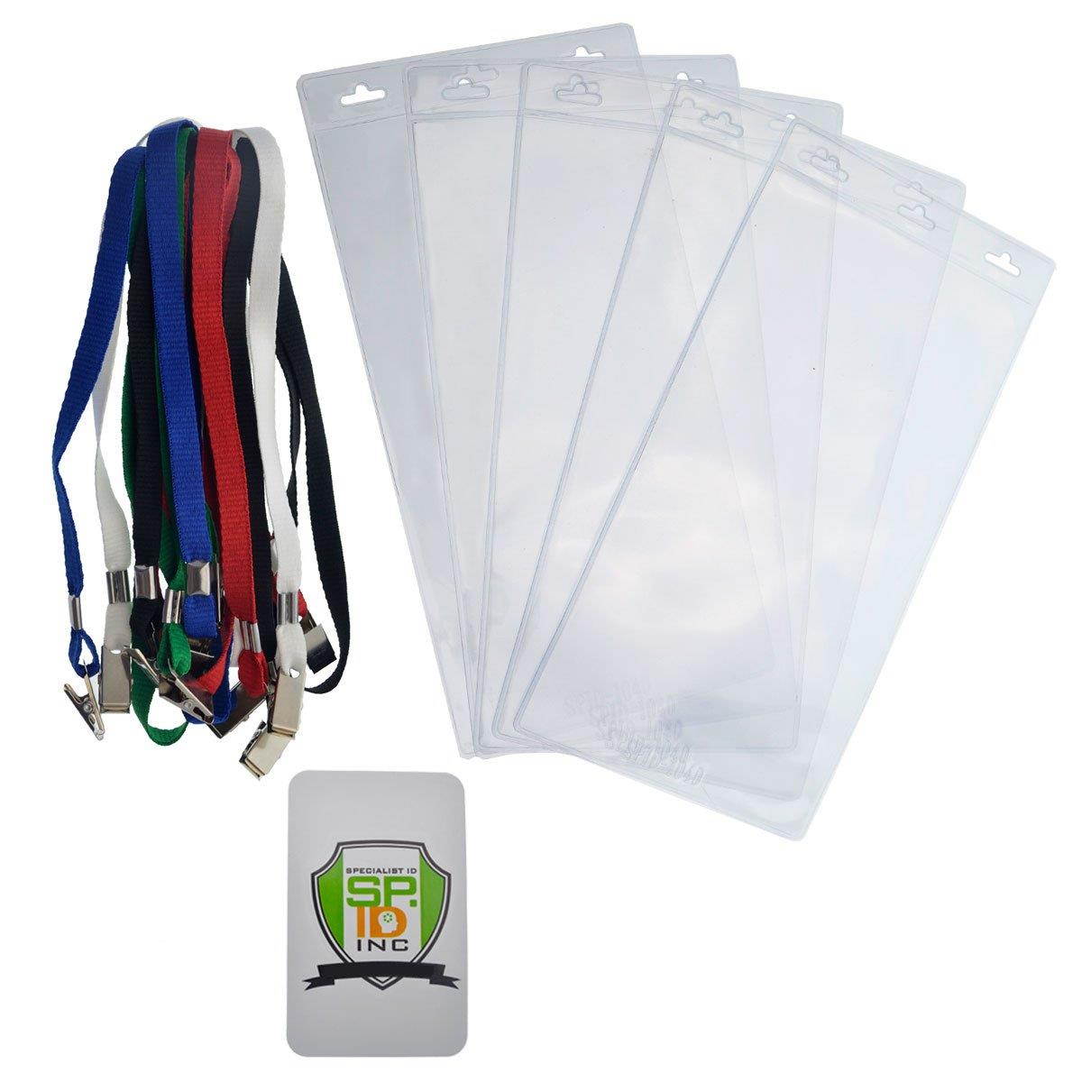 5 Pack - Extra Large 4 x 8 Inch Ticket & Event Credential Badge Holders with Double Sided Lanyards with Two Bulldog Clips, by Specialist ID (Assorted Colors)