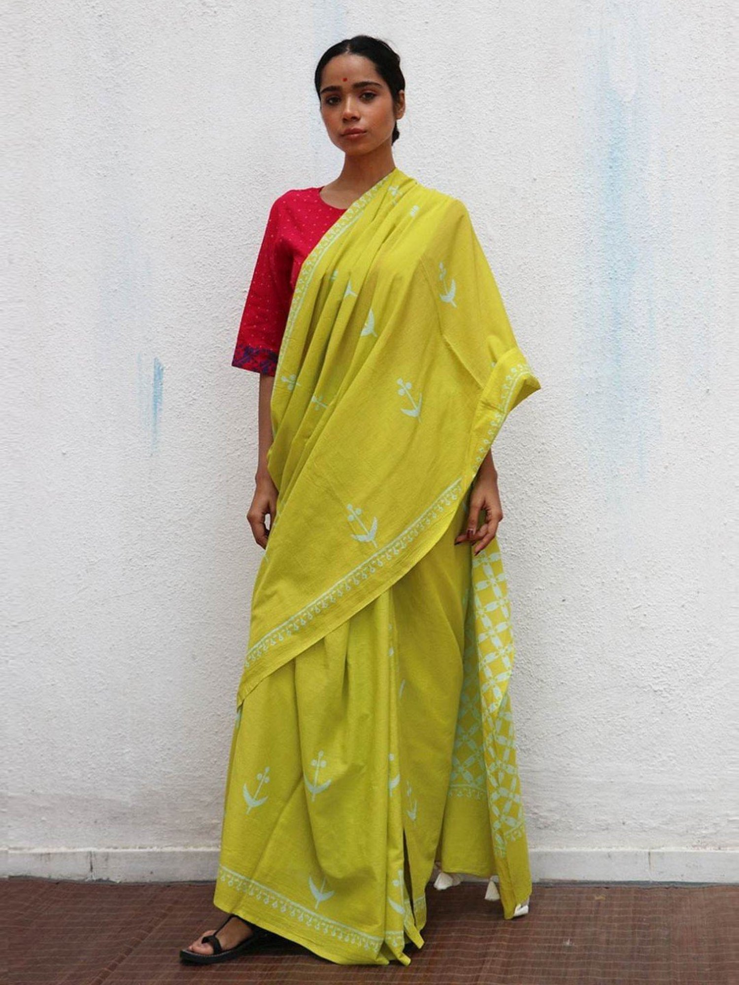 Chidiyaa Lime Green Paakhi Lady Handblock Printed Cotton Saree