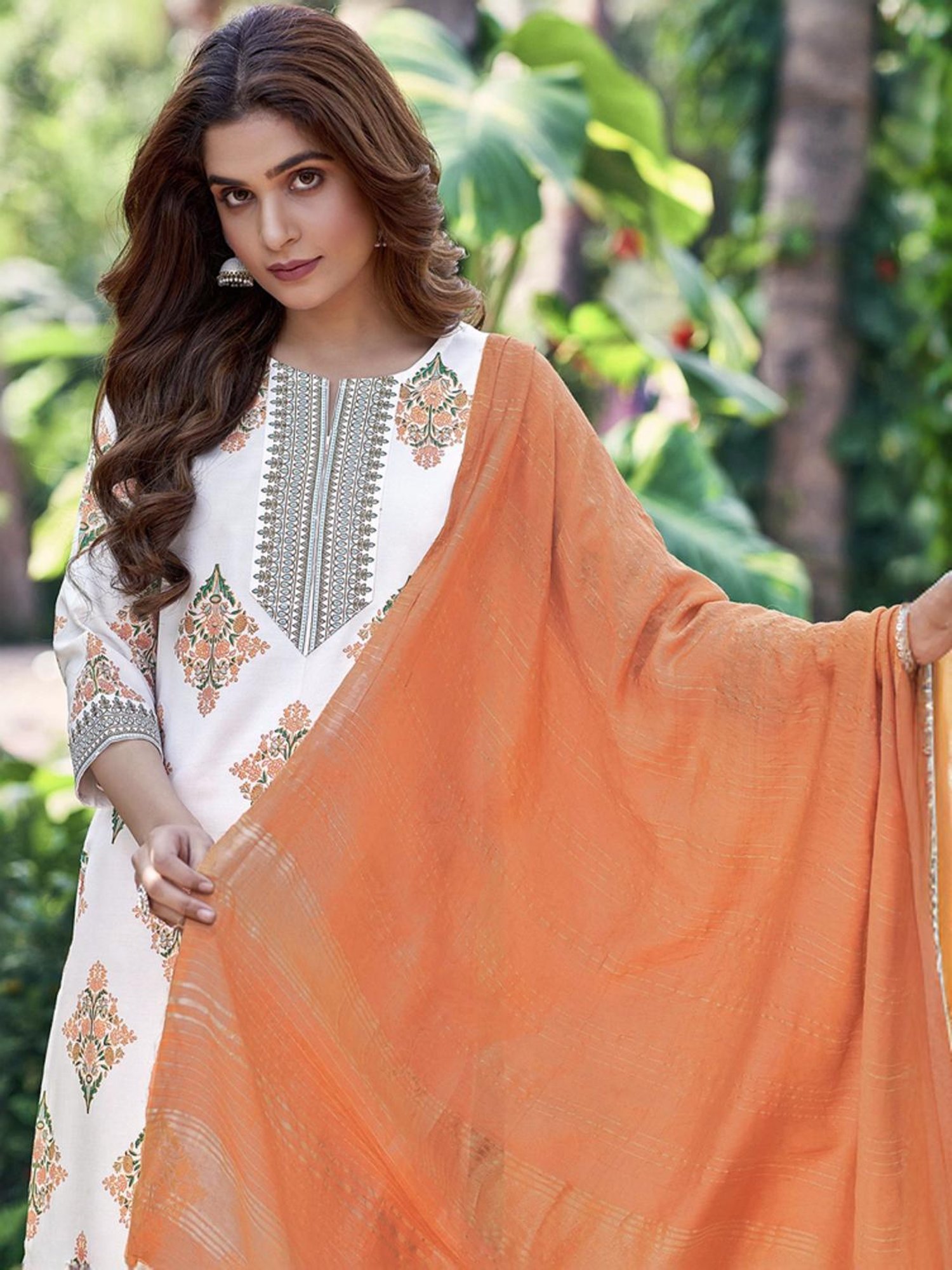 Skylee White & Orange Printed Kurta Pant Set With Dupatta