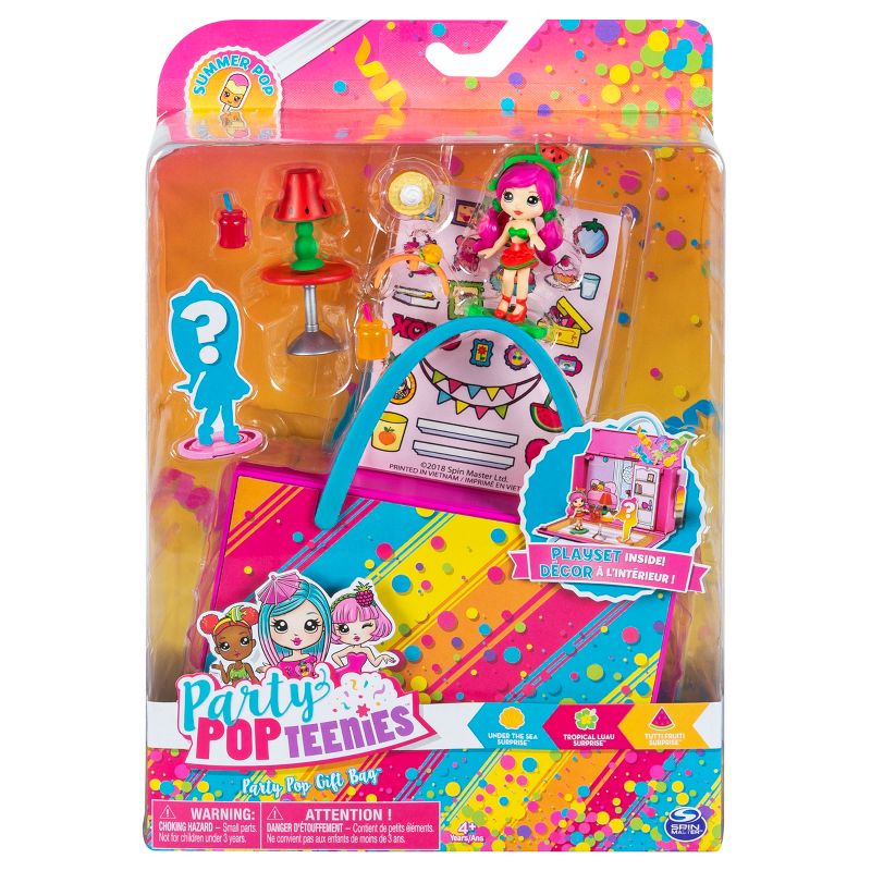 Party Popteenies Summer Pop Party Tutti Frutti Party Pop Gift Bag with Collectible Dolls Mini Furniture and Confetti