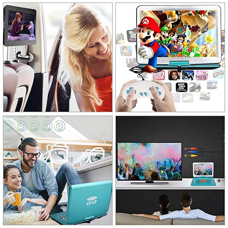 Portable DVD Player with Remote Controller, 14.1'' HD Swivel Large Screen DVD Player for car, 6 Hours Rechargeable Battery Supports SD Card, USB Port(Mint Green)