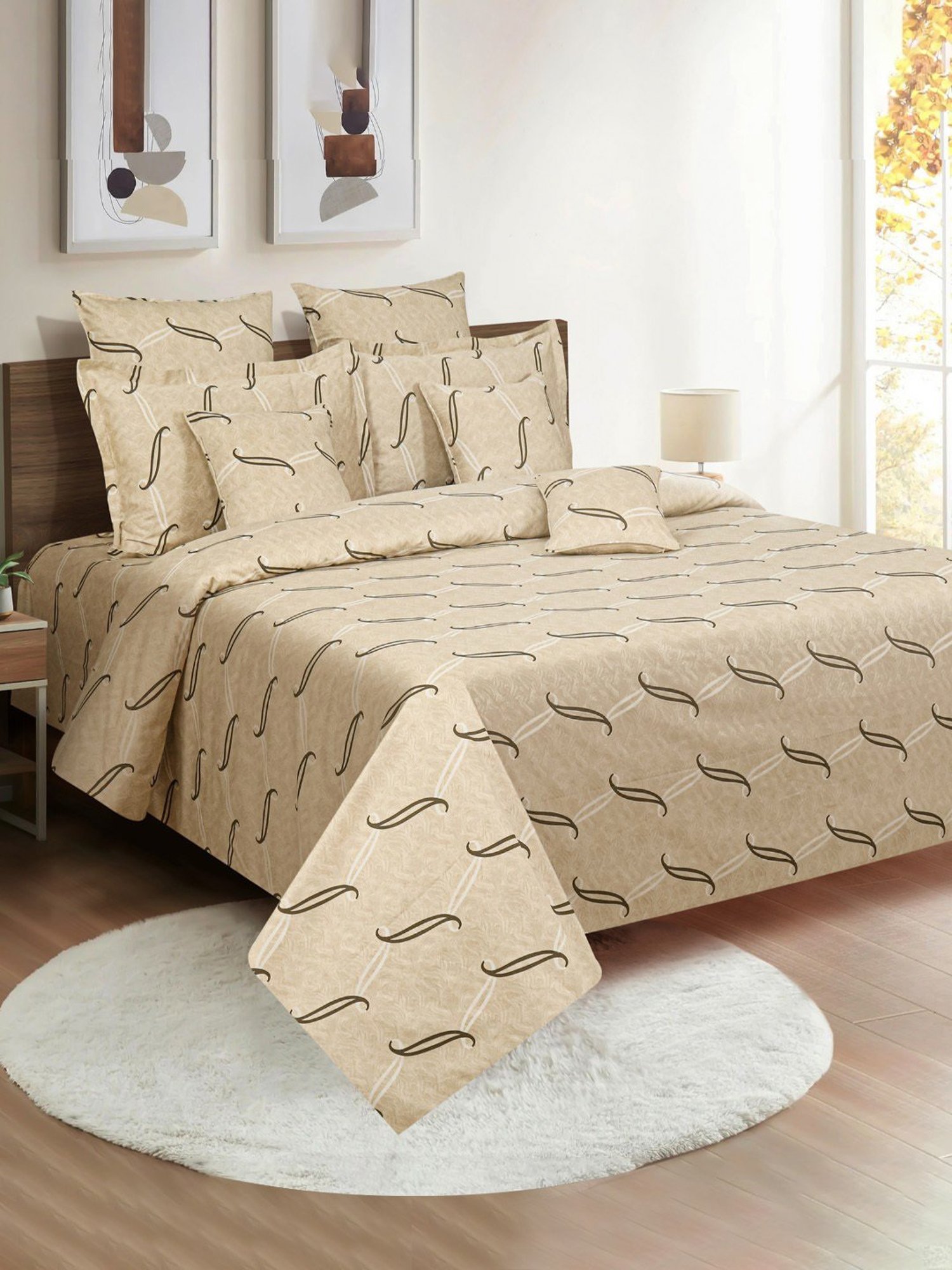 Swayam Dona Abstract Grey 250 TC Cotton King Fitted Fitted Bedsheet with 2 Pillow Covers