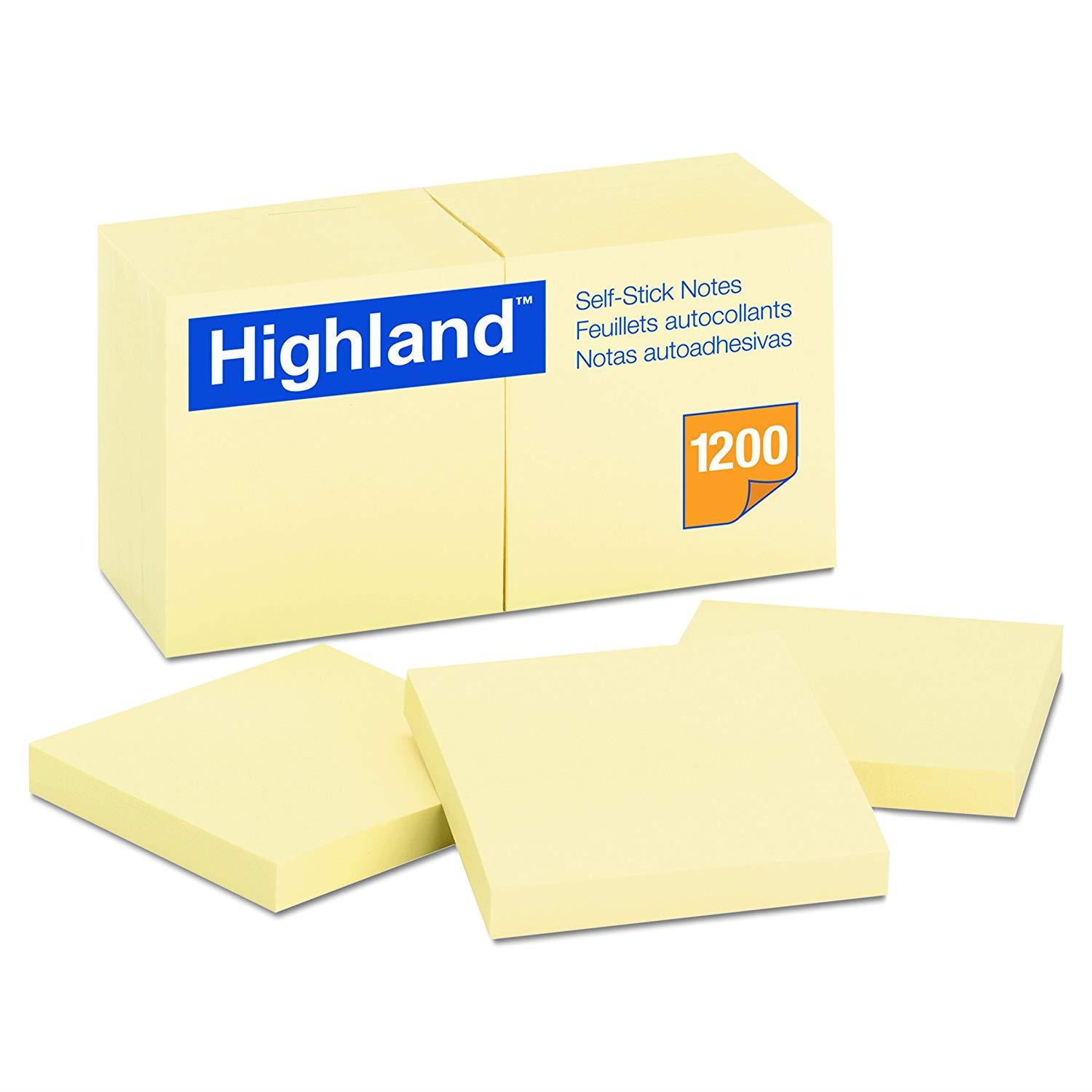 Highland 6549YW Self-Stick Notes, 3 x 3, Yellow, 100-Sheet (Pack of 12)
