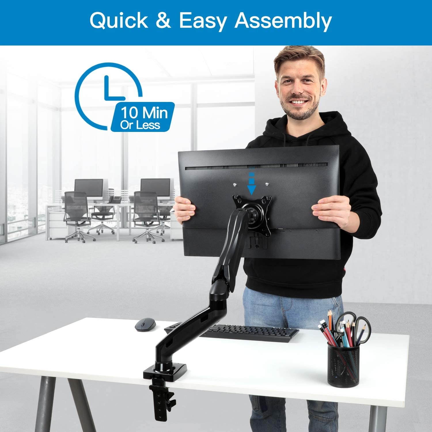 Single Monitor Mount - Articulating Gas Spring Monitor Arm, Adjustable VESA Mount Desk Stand with Clamp and Grommet Base - Fits 17 to 27 Inch LCD Computer Monitors 4.4 to 14.3lbs