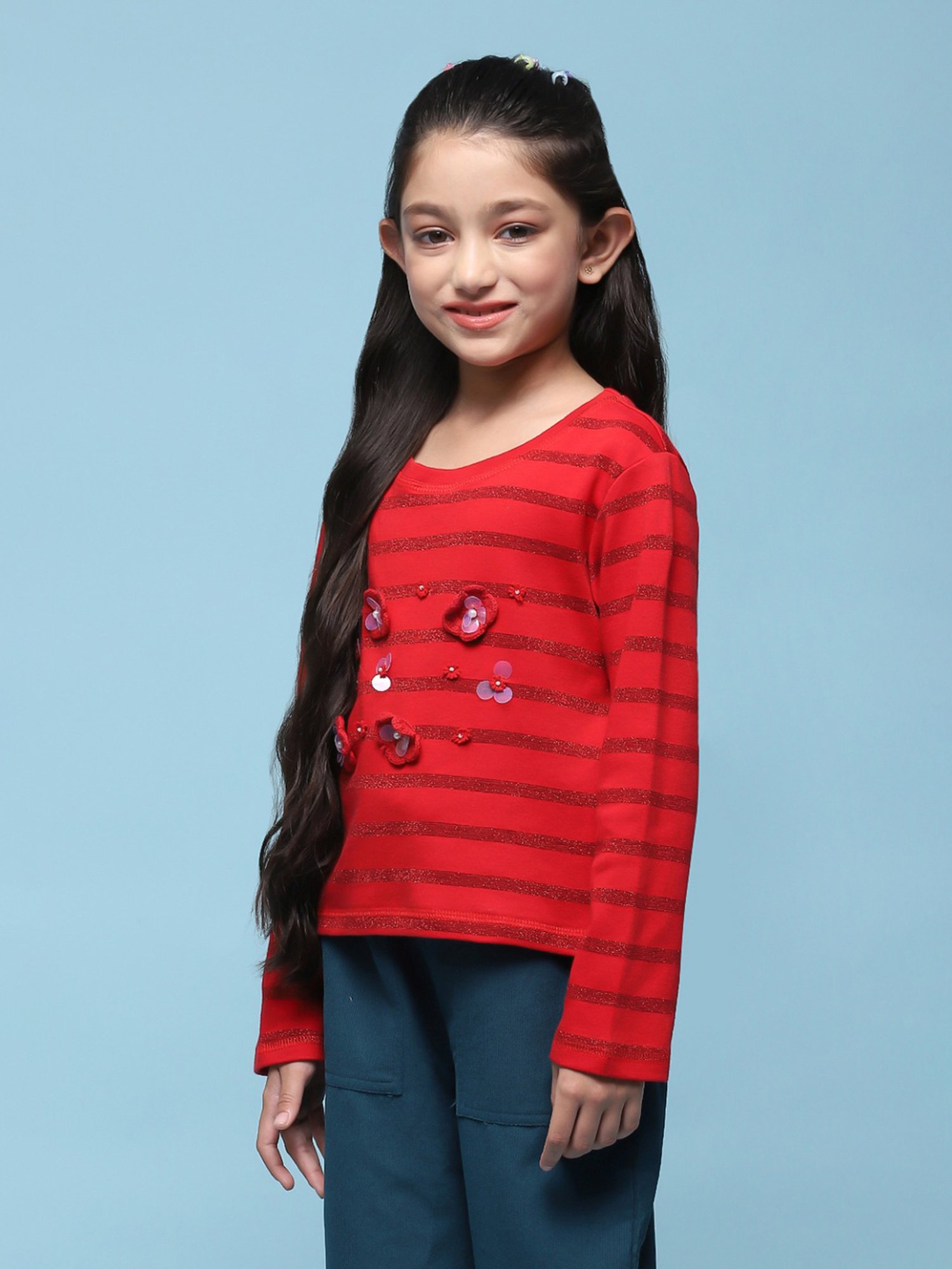 BIBA Girls Kids Red Cotton Applique Full Sleeves Top