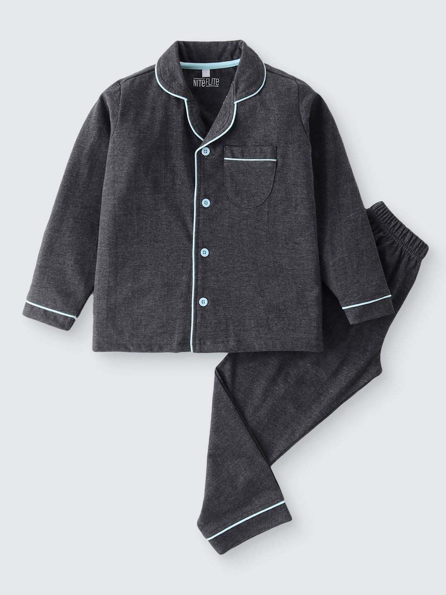 Nite Flite Girls Charcoal Grey Cotton Solid Full Sleeves Top and Pyjama
