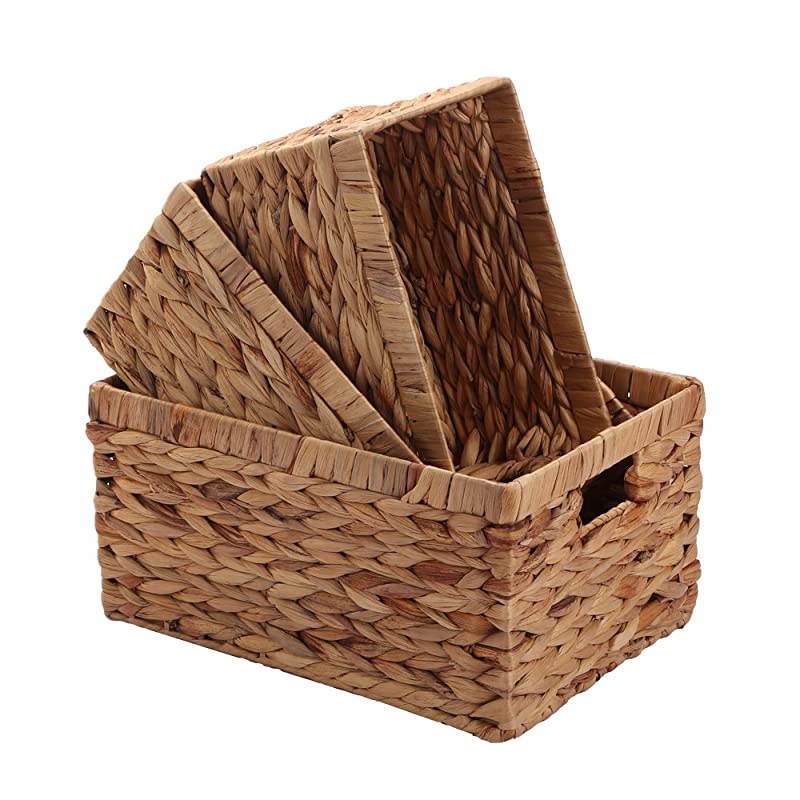 Storage BasketsWoven Natural Water hyacinth Box with HandleSet of 3