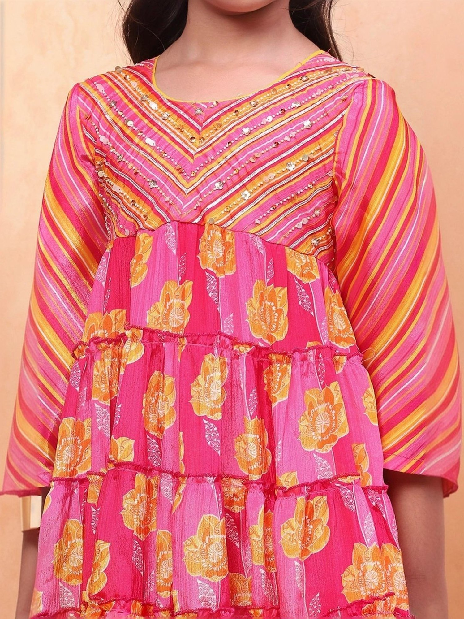 Biba Girls Pink Embellished Kurta set