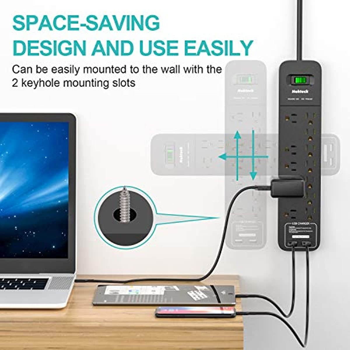 Power Strip Surge Protector, Nekteck Power Strip with 2 USB Port and 12 AC Outlet, 6ft Heavy Duty Extension Cord Wall Mount Charging Station for Home Outdoor Office (2390-Joule, 5V/2.4A)