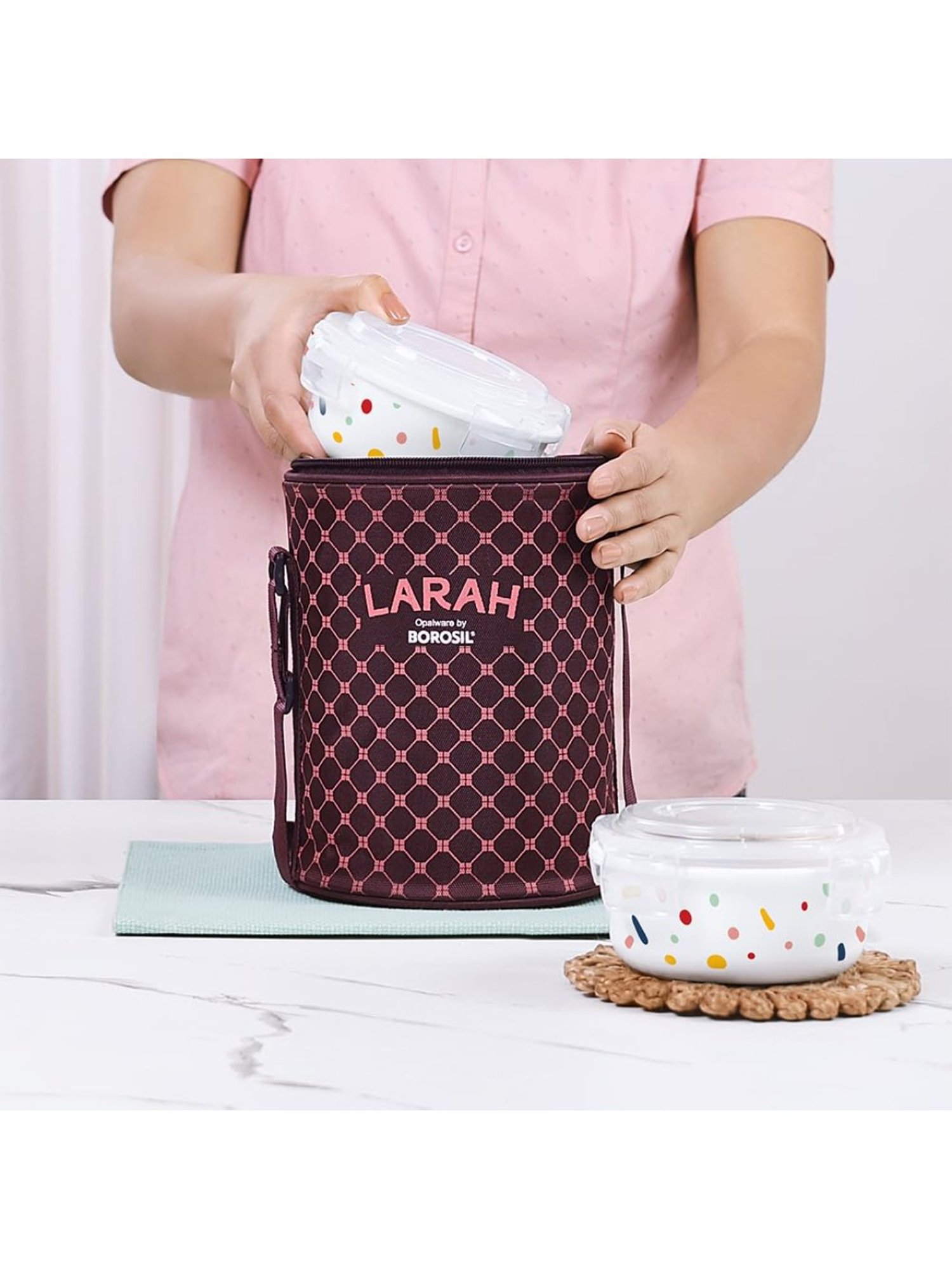 Larah by Borosil Multicolor Opalware Lunch Box with Lunch Bag