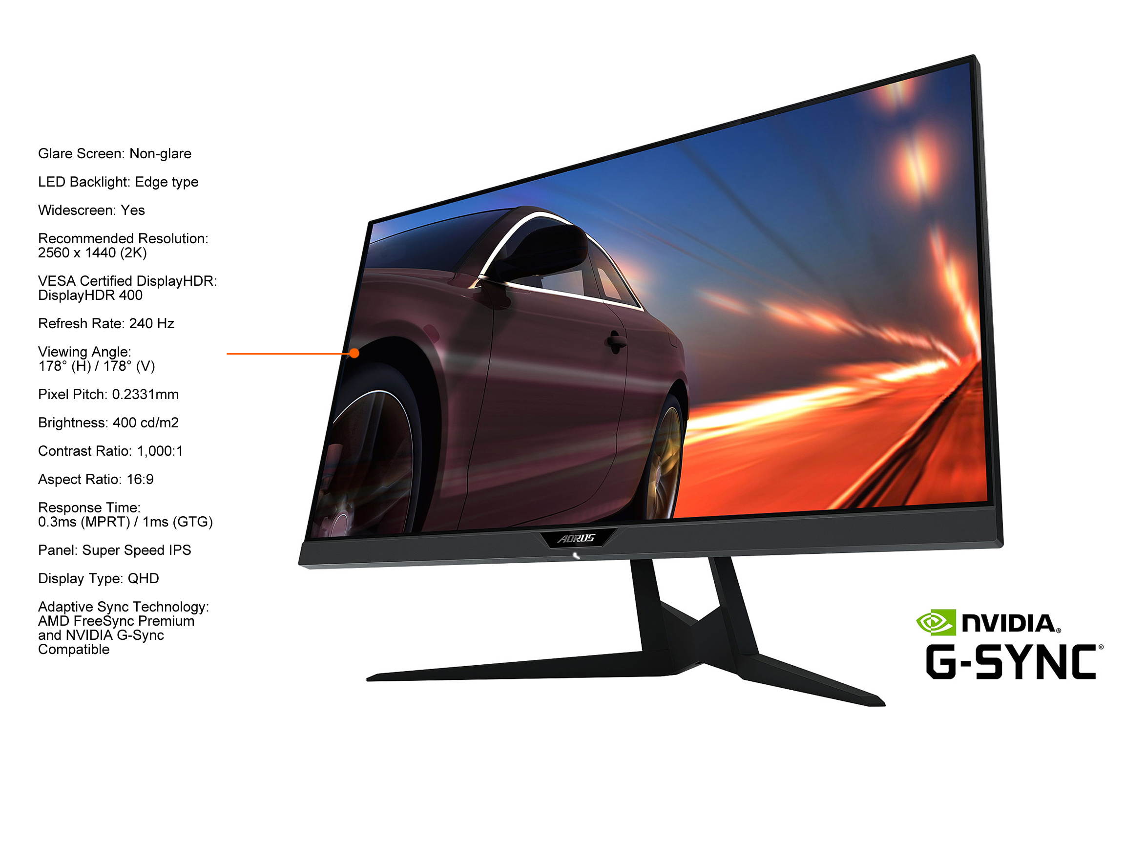 AORUS FI27Q-X 27" 240Hz 1440P HBR3, G-SYNC Compatible, SS IPS Gaming Monitor, Exclusive Built-in ANC, 2560 x 1440, 0.3ms Response Time, HDR, 93% DCI-P3, 1x Display Port 1.4, 2x HDMI 2.0, 2x USB 3.0
