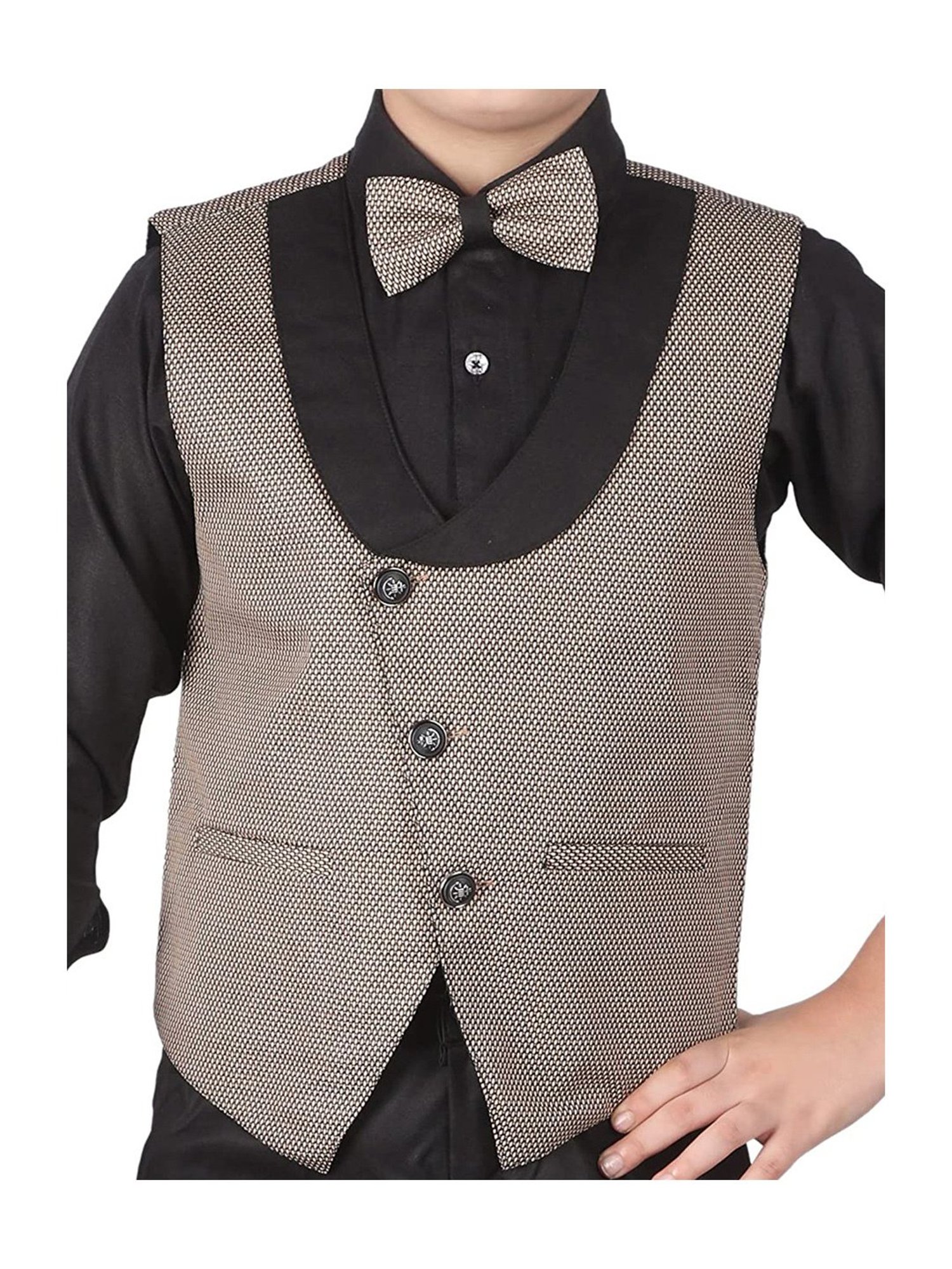 Pro-Ethic Style Developer Kids Beige & Black Printed Full Sleeves Shirt, Waistcoat, Pants with Bow