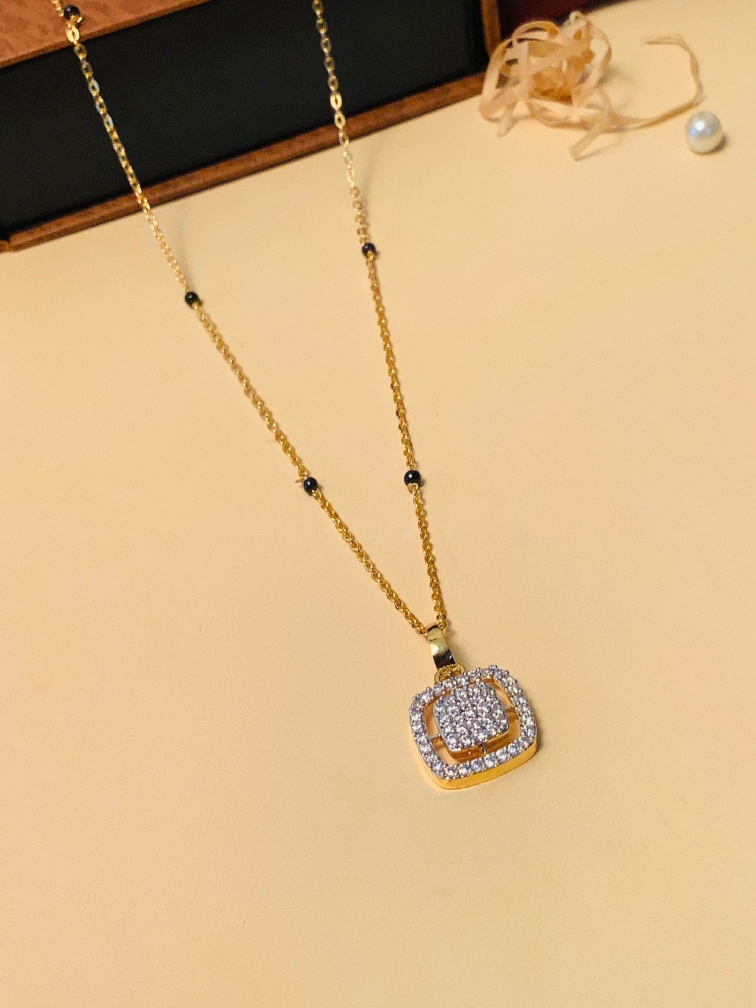 Abdesigns Gold-Plated American Diamond & Black Beaded Mangalsutra