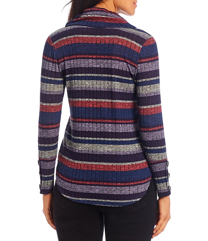 I.N. Studio Petite Size Stripe Print Drawstring Cowl Neck Long Sleeve Knit Top