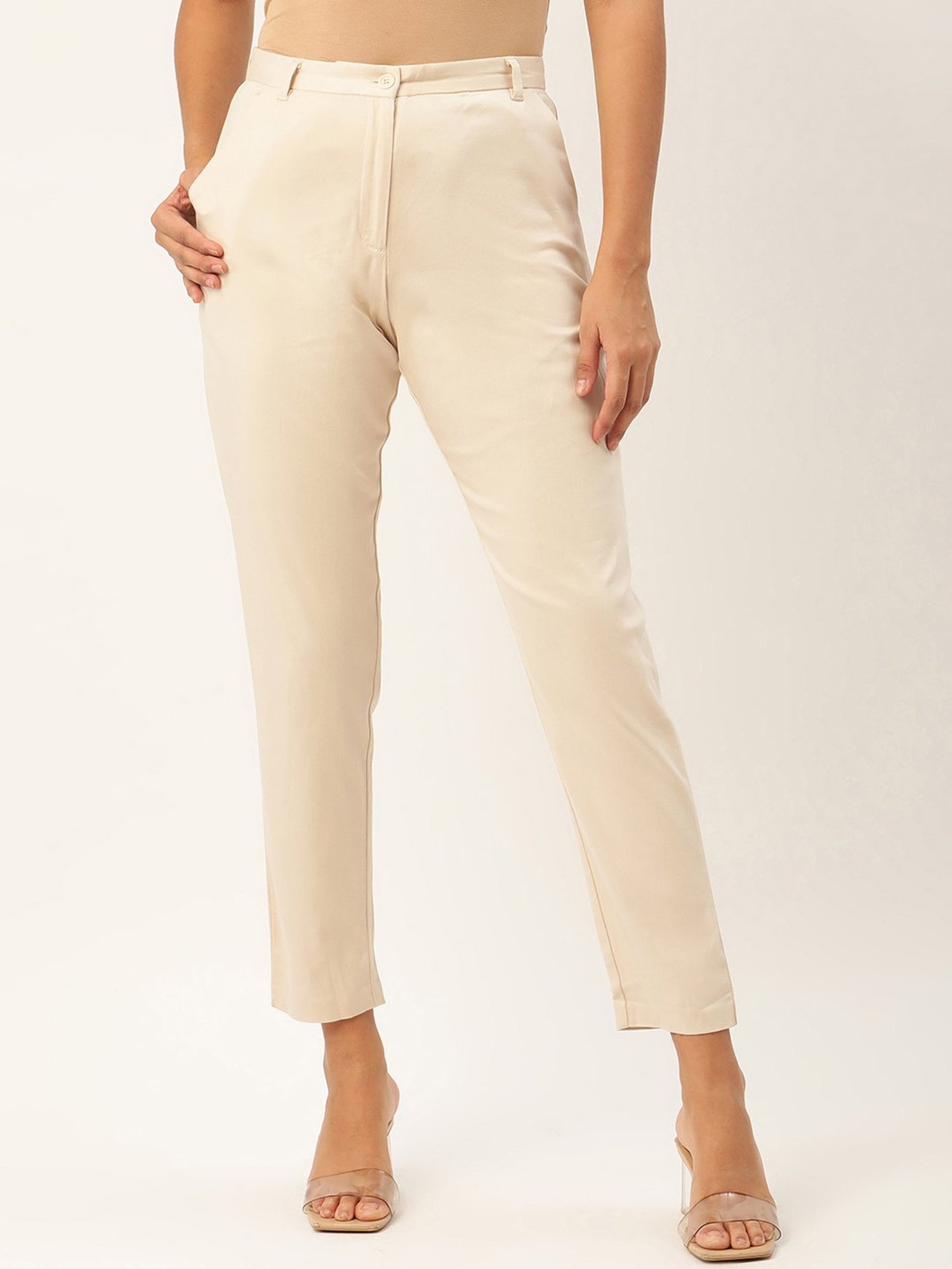 Rooted Beige Regular Fit Flat Front Trousers