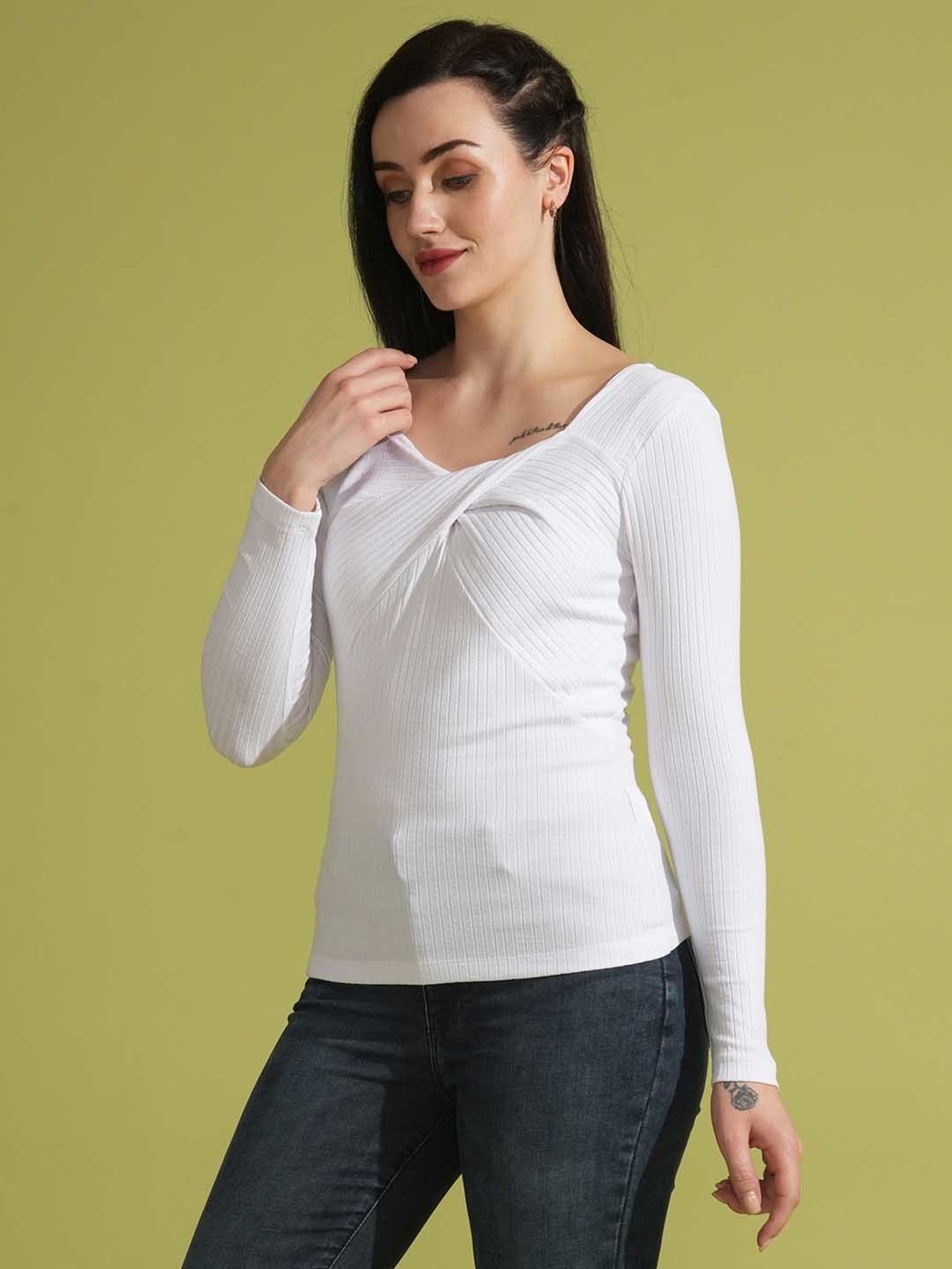Globus White Self Design Top