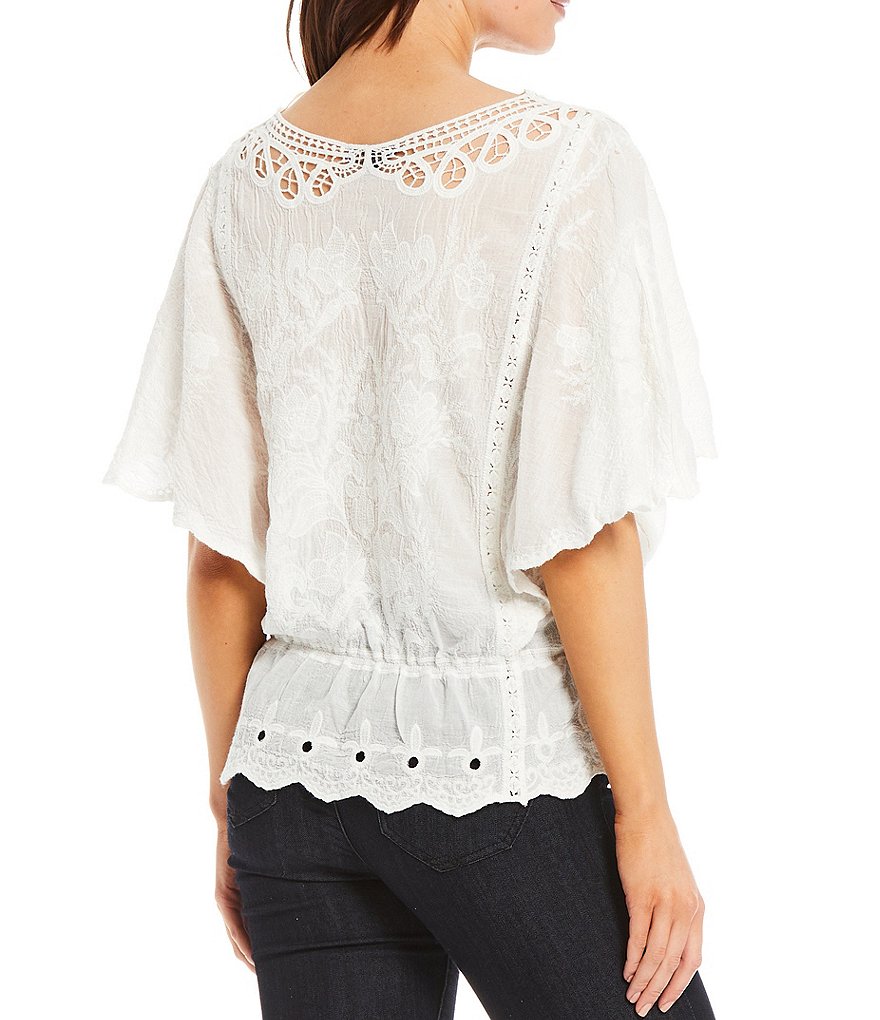 Democracy Embroidered Crochet-Trim Cotton Peplum Butterfly Sleeve Top