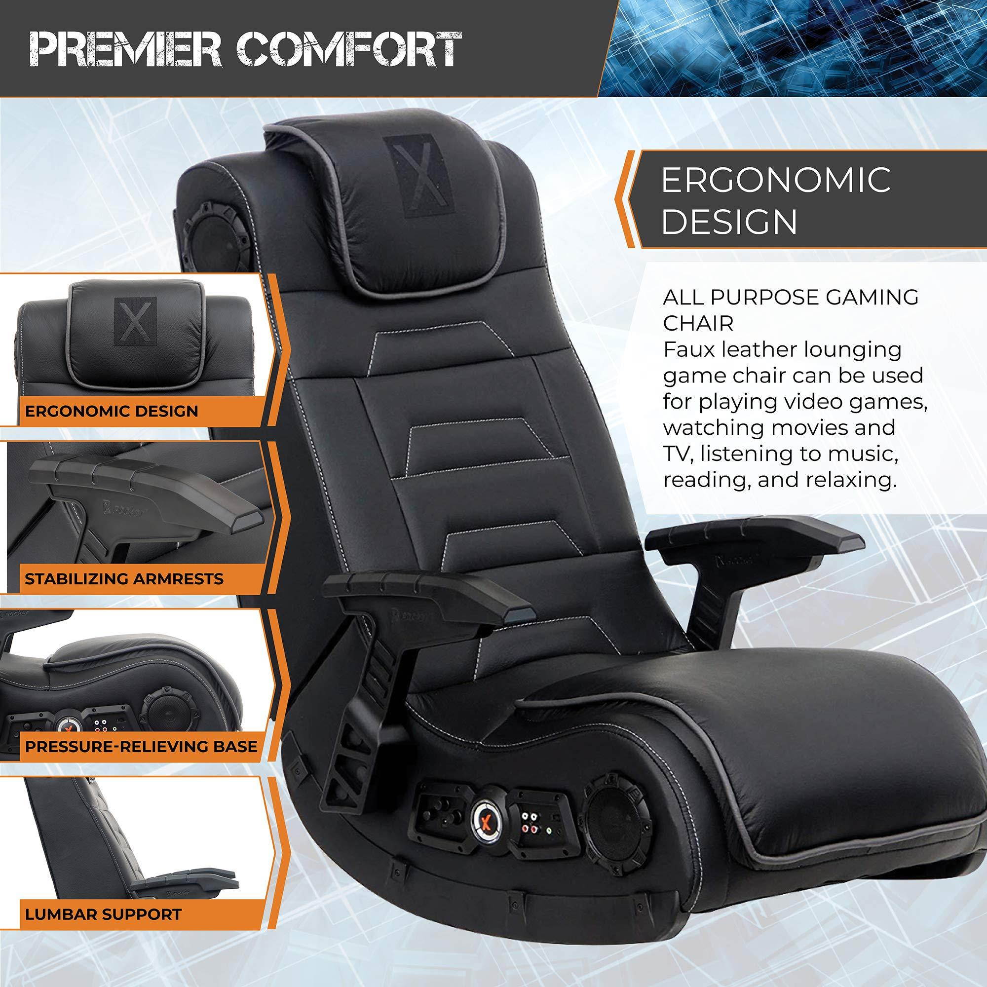 X Rocker Pro Series H3 Black Leather Vibrating Floor Video Gaming Chair with Headrest for Adult, Teen, and Kid Gamers - 4.1 High Tech Audio and Wireless Capacity - Foldable and Ergonomic Back Support