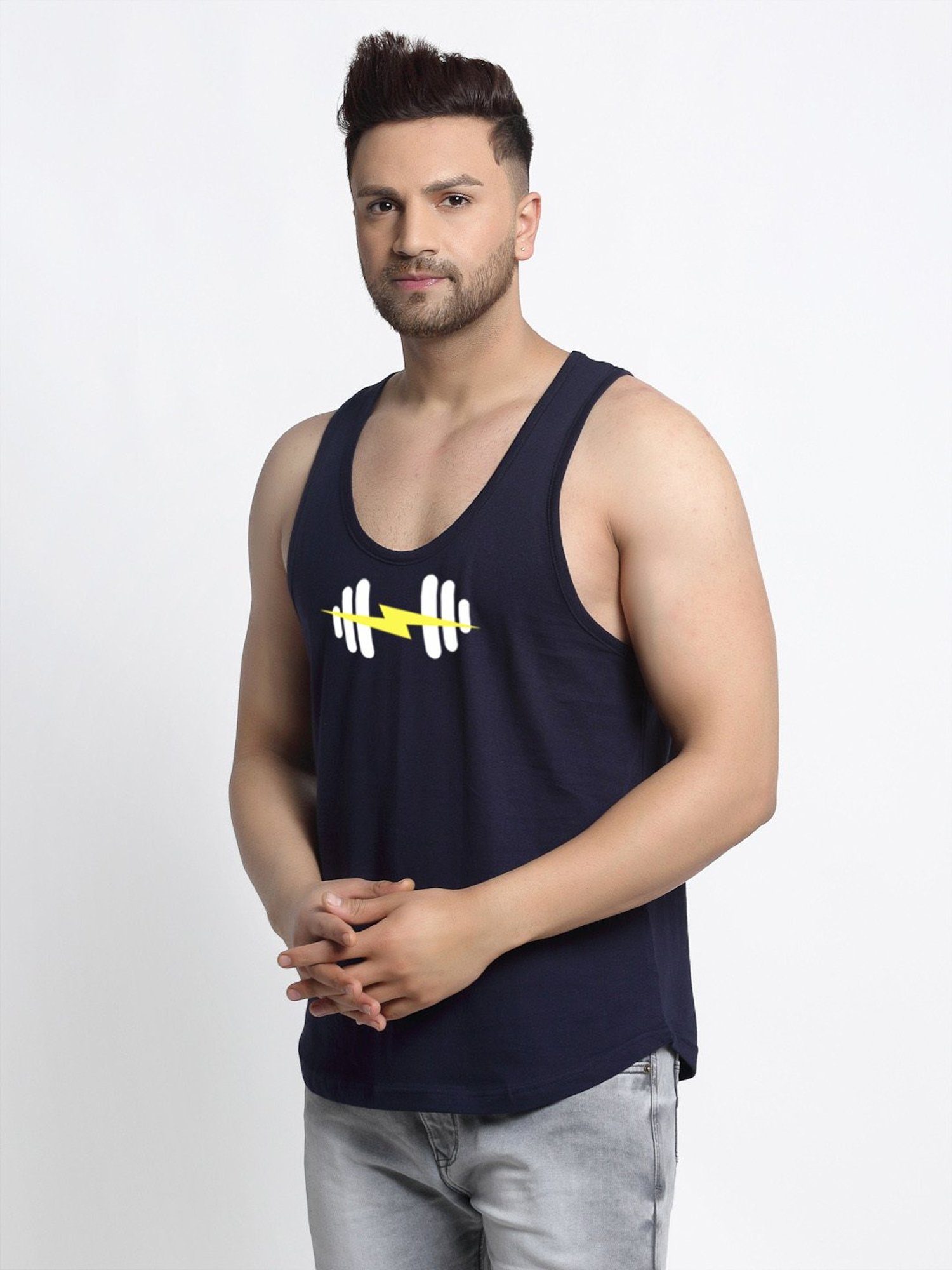 Friskers Navy Blue Regular Fit Graphic Sports Vest