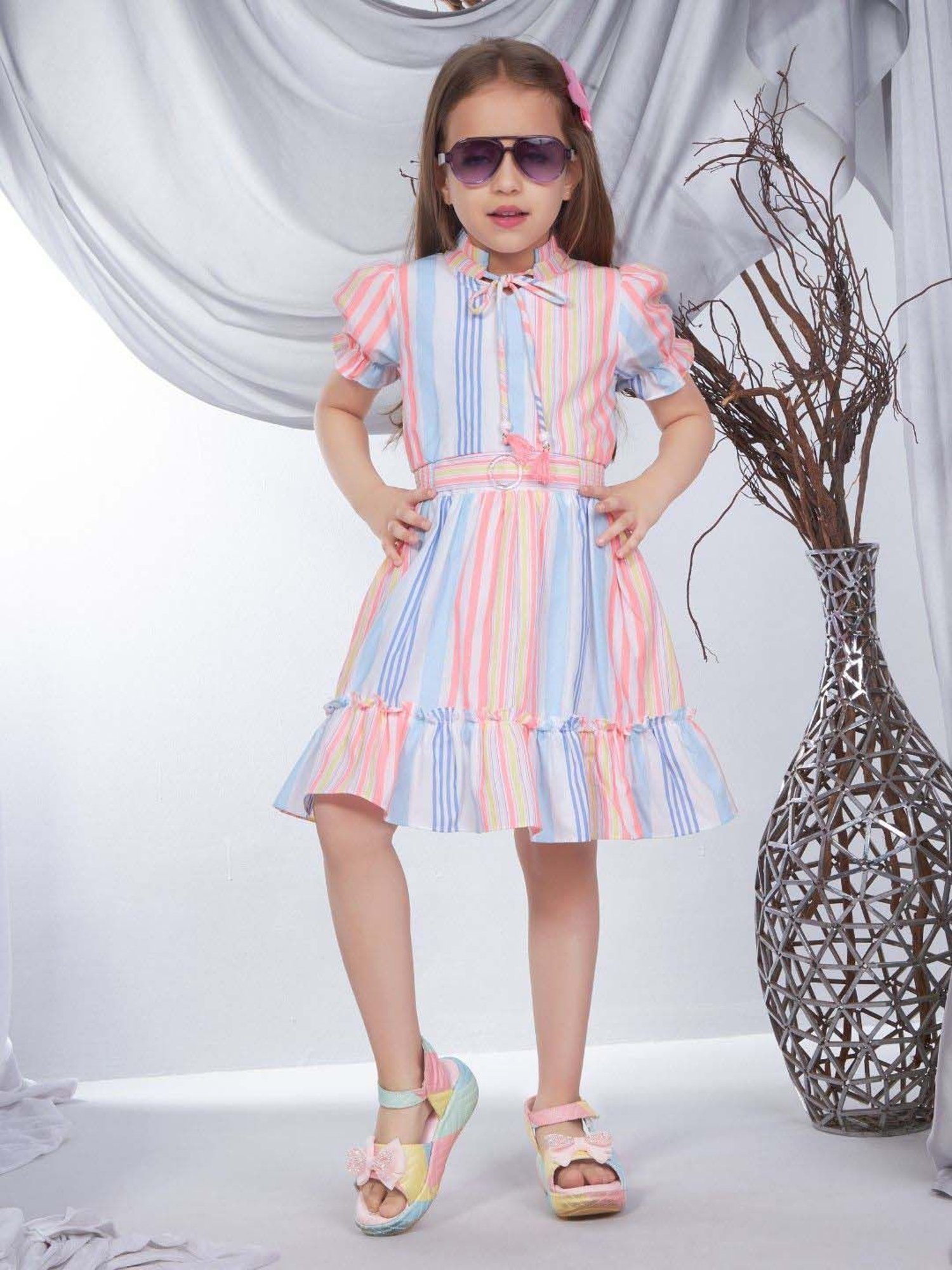 Peppermint Girls Multicolor Cotton Striped Dress