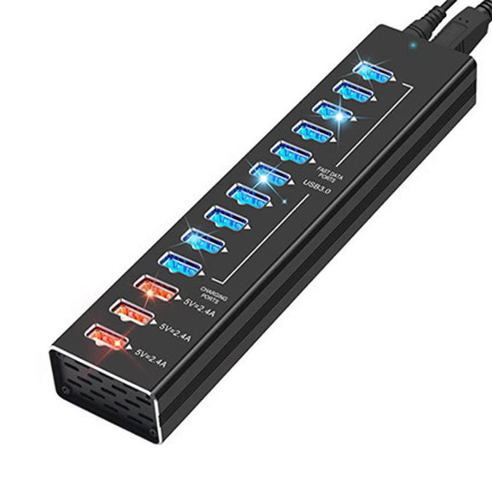 STANSTAR USB Hub, All Aluminum Alloy 13 Port Hub with 3 Port Smart Fast Charge Super High Speed USB3.0 Interface Plug and Play