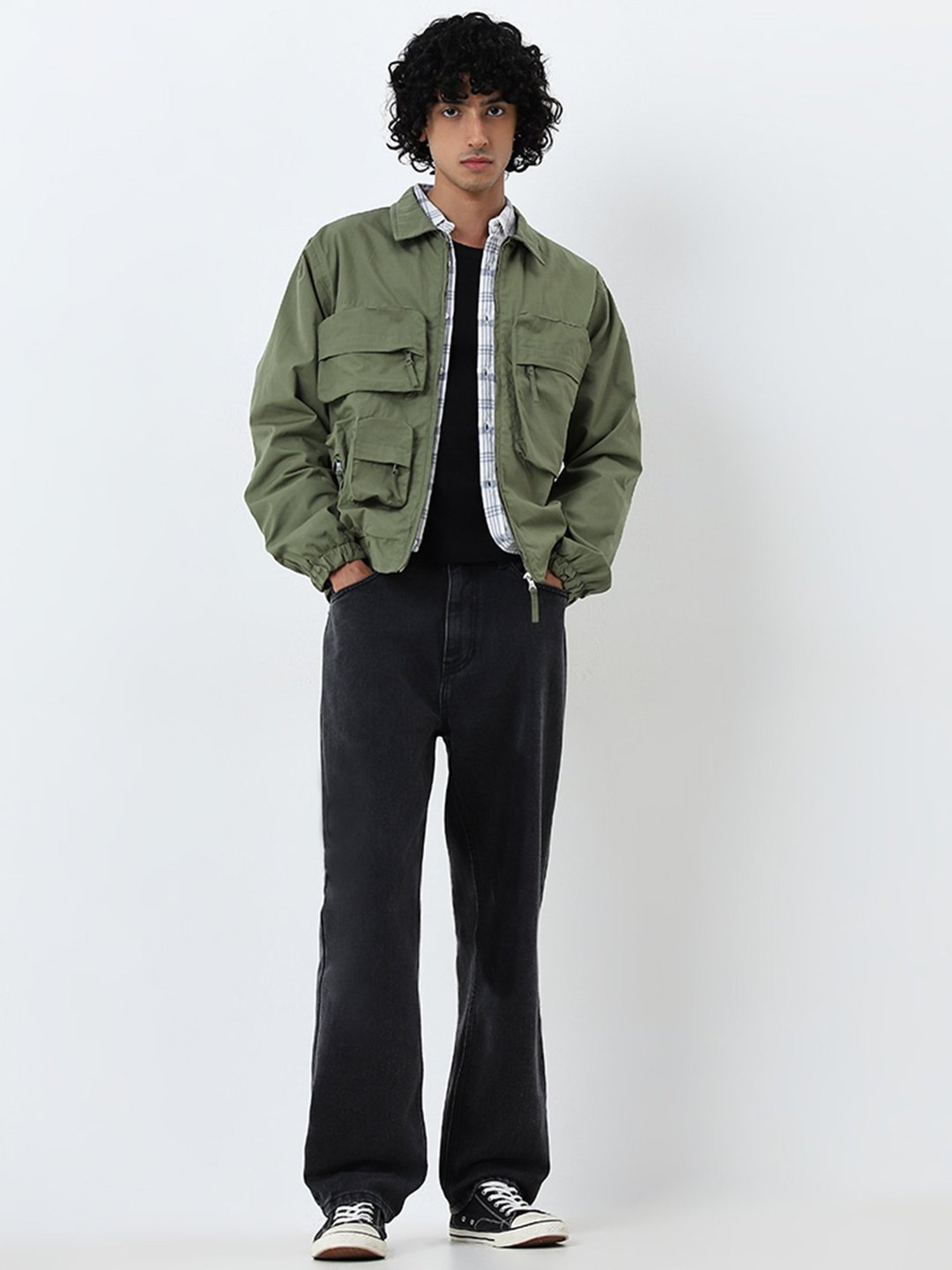 Nuon by Westside Olive Cargo-Style Relaxed-Fit Cotton Blend Jacket