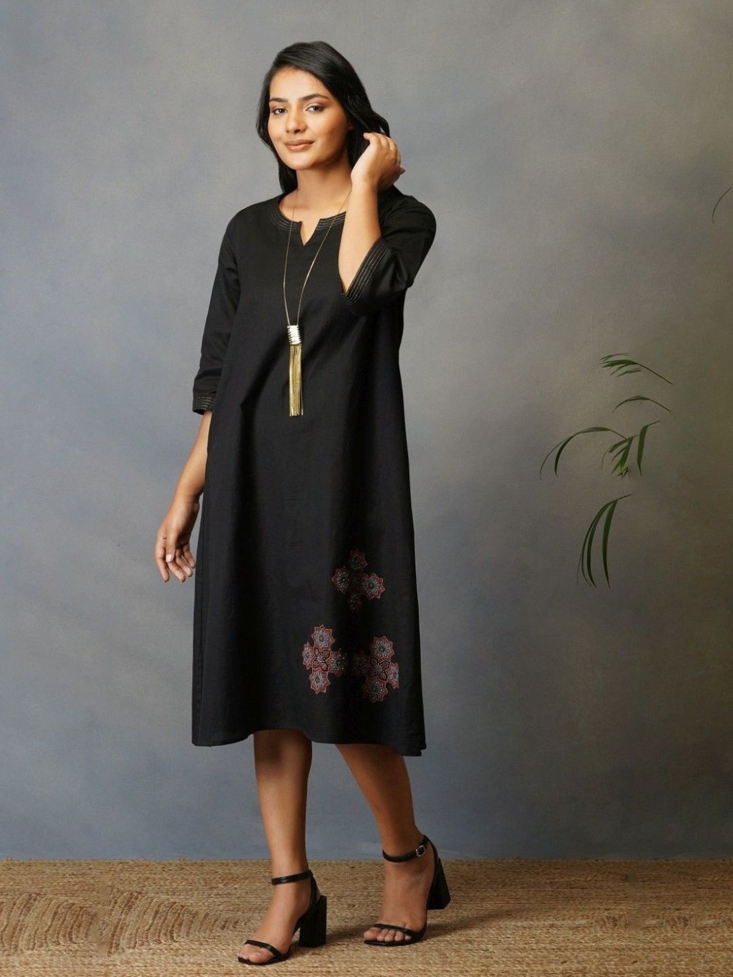 Akiso Bakhair Black A Line Dress With Handblock Ajrak Patch Work