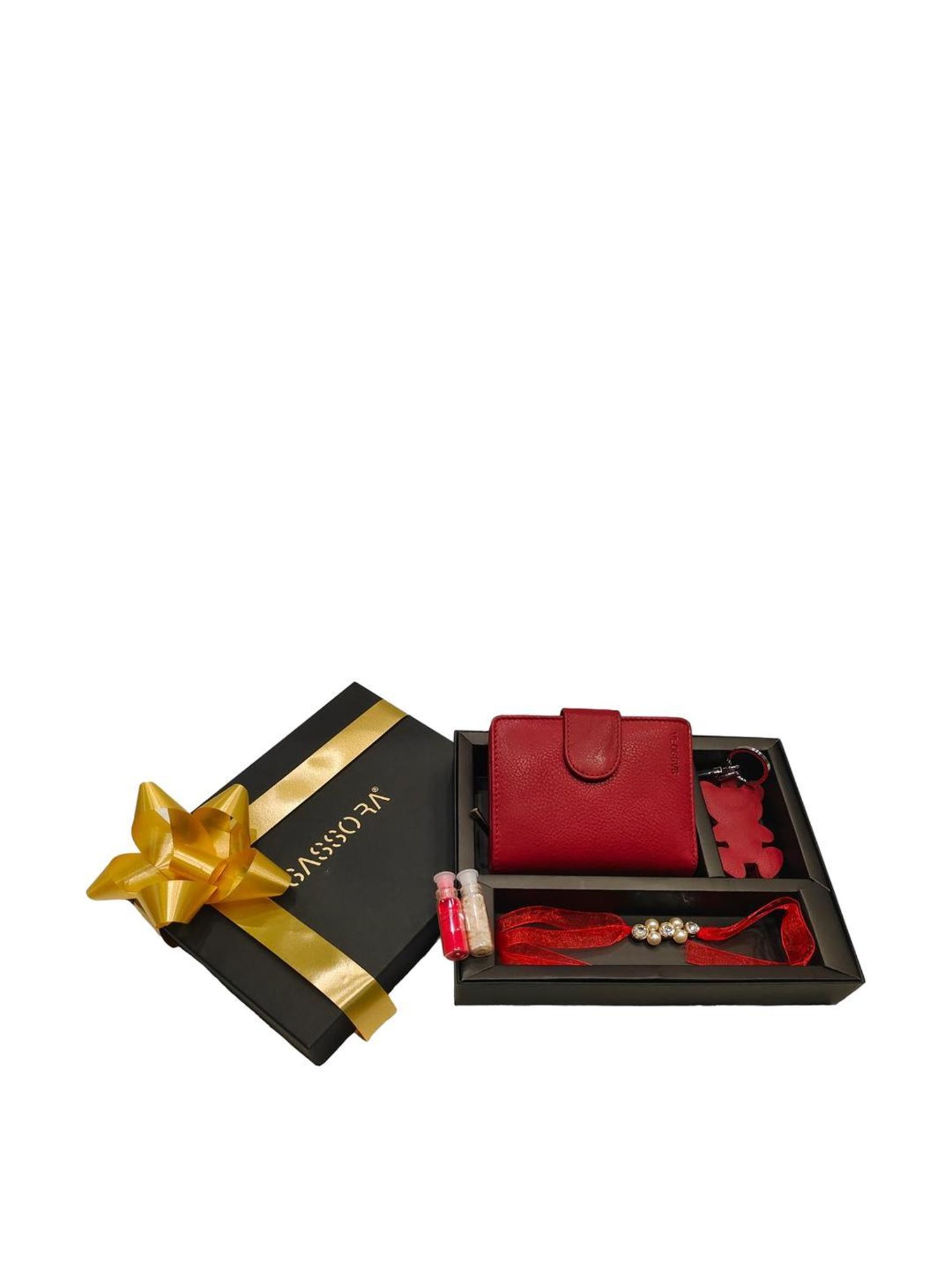 SASSORA Red Solid Rfid Wallet, Keychain & Rakhi Combo Set
