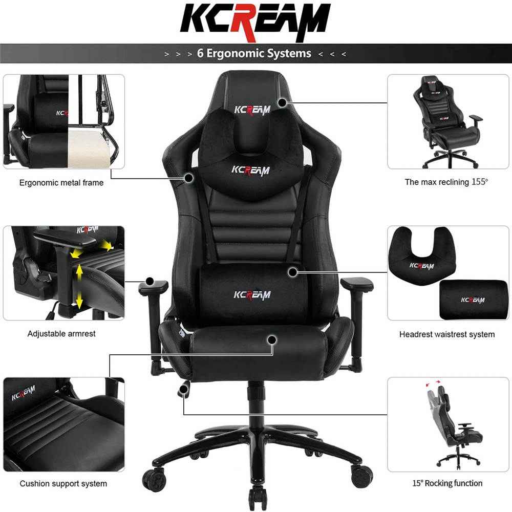 KCREAM PU Big and Tall Ergonomic Gaming Chair, Adjustable High Back Swivel Computer Chair Headrest Lumbar Support 400lbs Reclining Office Desk Chair for Adlut