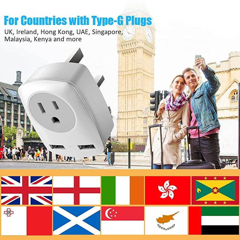 Travel Adapter, US to /Ireland/Hong Kong Plug Adapter with 2 USB and 1 Electrical Outlet, America to Europe Irish British England Scotland Travel Adaptor (Type-G)