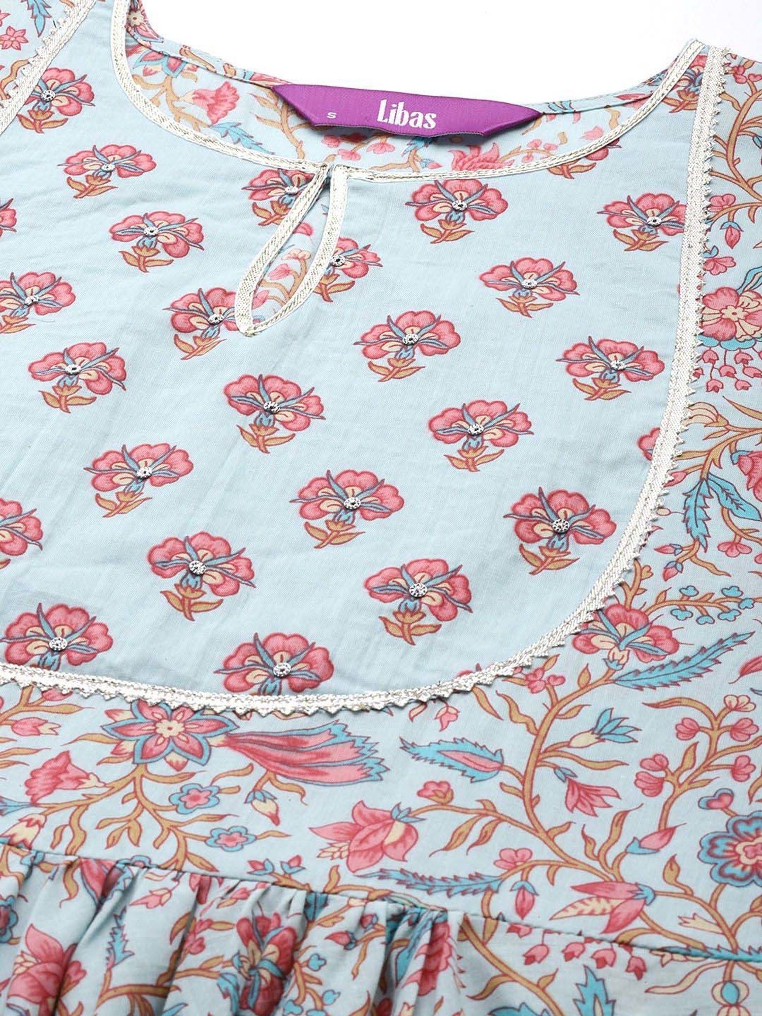 Libas Blue Cotton Printed Kurta Pant Set With Dupatta