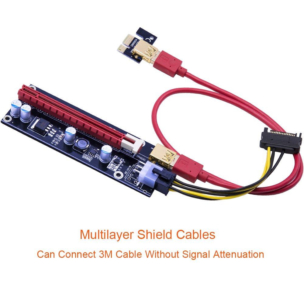Mailiya 6-Pack PCIe Dual Chip PCI-E 16x to 1x Powered Riser Adapter Card w/ 60cm USB 3.0 Extension Cable & 6 Pin PCI-E to SATA Power Cable - GPU Riser Adapter Extender Cable - Ethereum Mining ETH