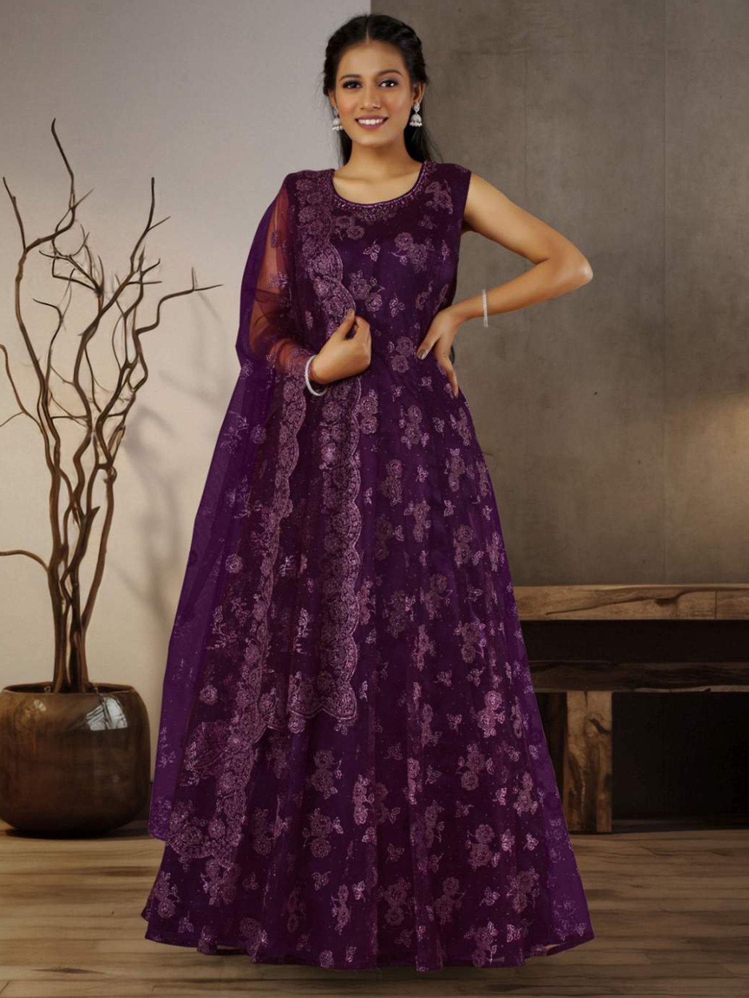 Odette Purple Embroidered Maxi Dress With Dupatta