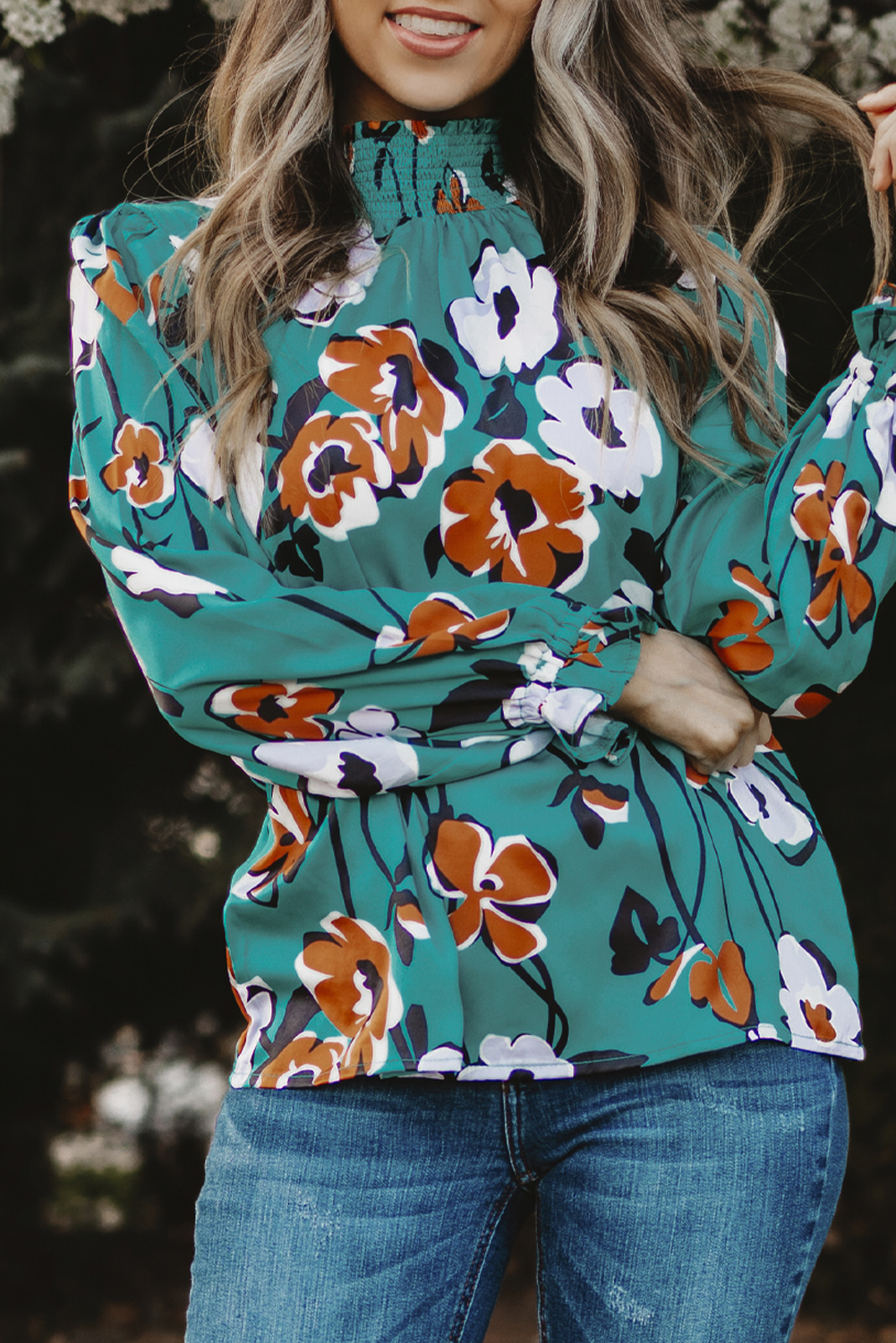 One World Apparel Jacquard Square Neck Short Sleeve Ivory Multi Floral Print Top