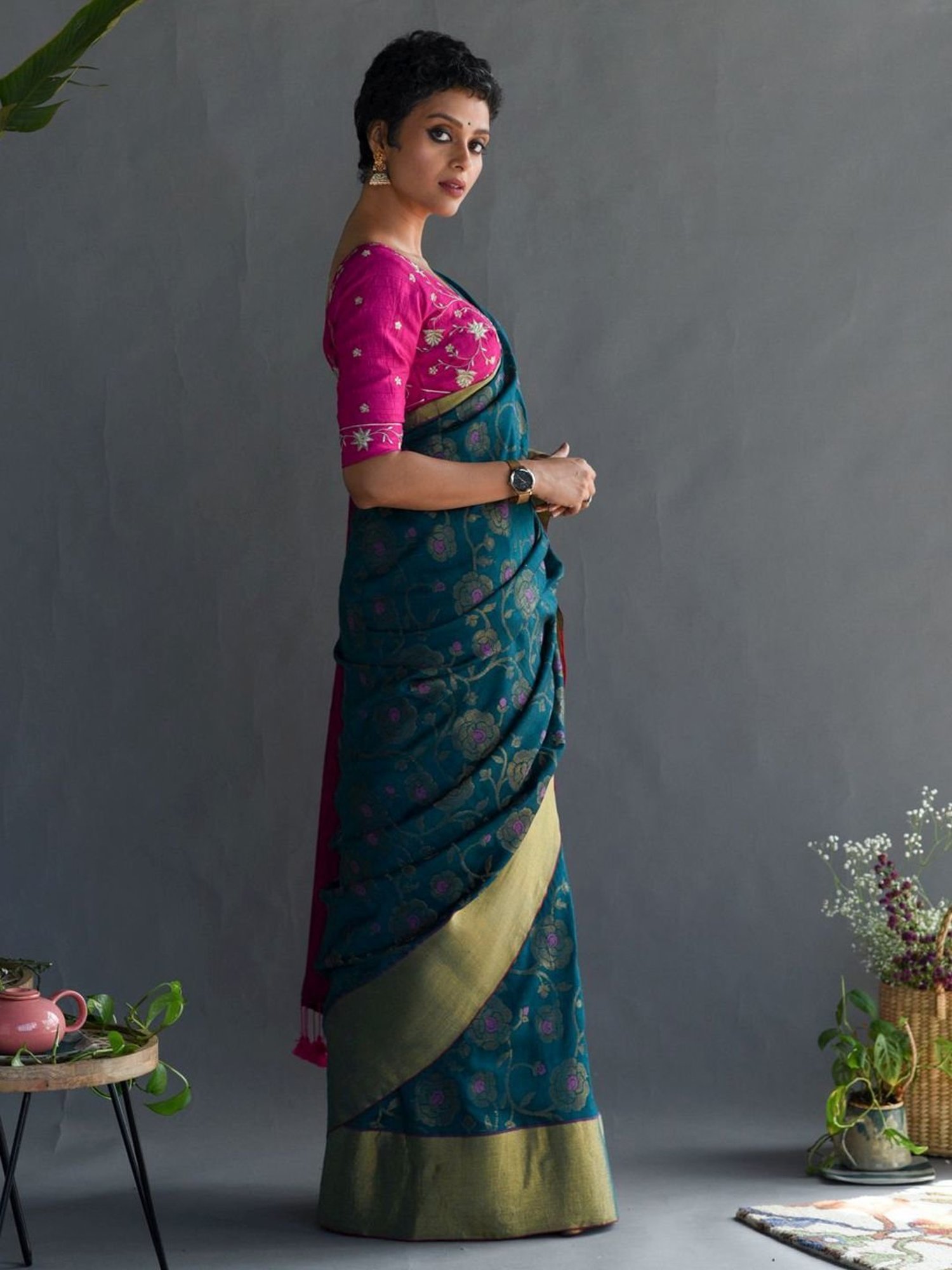 Unnati Silks Red Silk Printed Saree With Unstitched Blouse