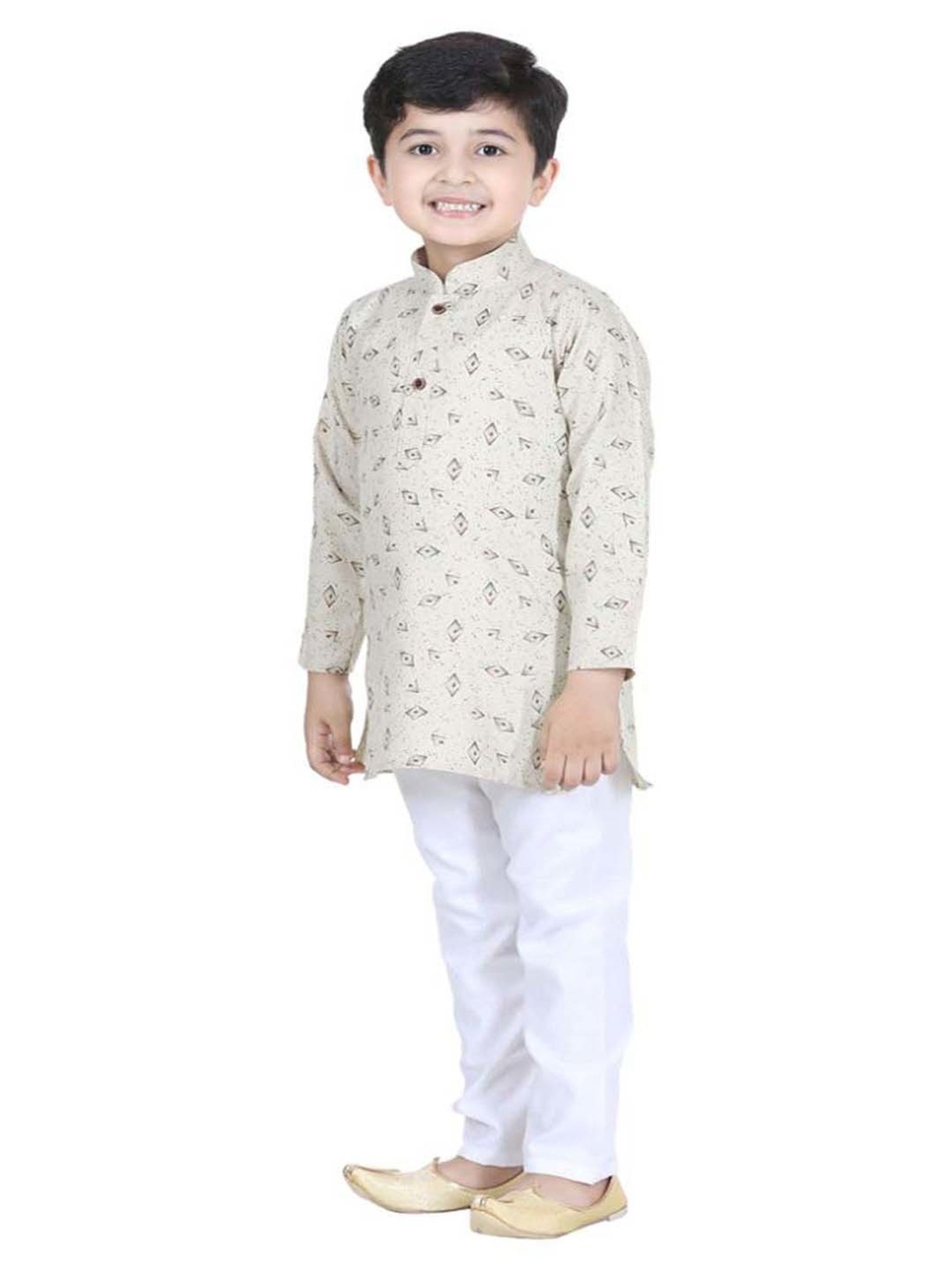 AJ Dezines Kids Beige & White Cotton Printed Full Sleeves Kurta Set
