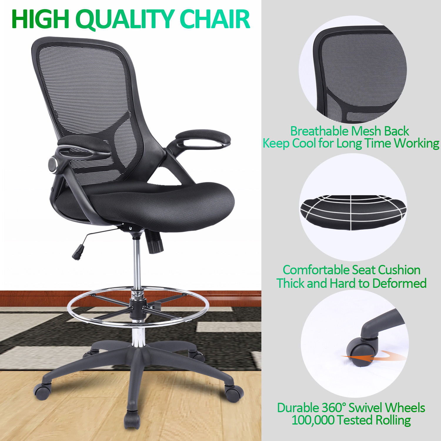 High-Back Mesh Ergonomic Drafting Chair Tall Office Chair Standing Desk Stool with Adjustable Foot Ring and Flip-Up Arms (Black)