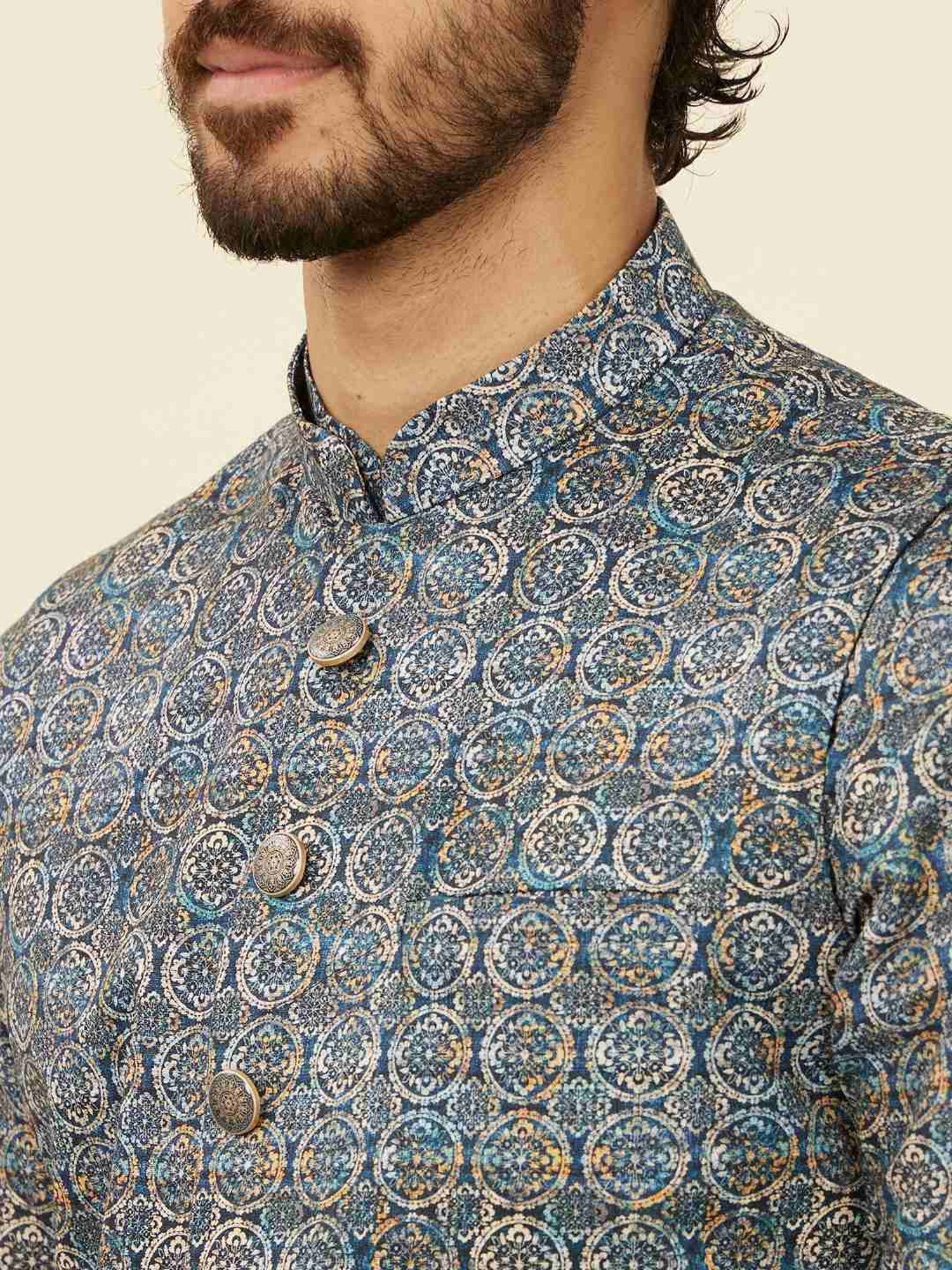 Manyavar Dark Blue Printed Nehru Jacket
