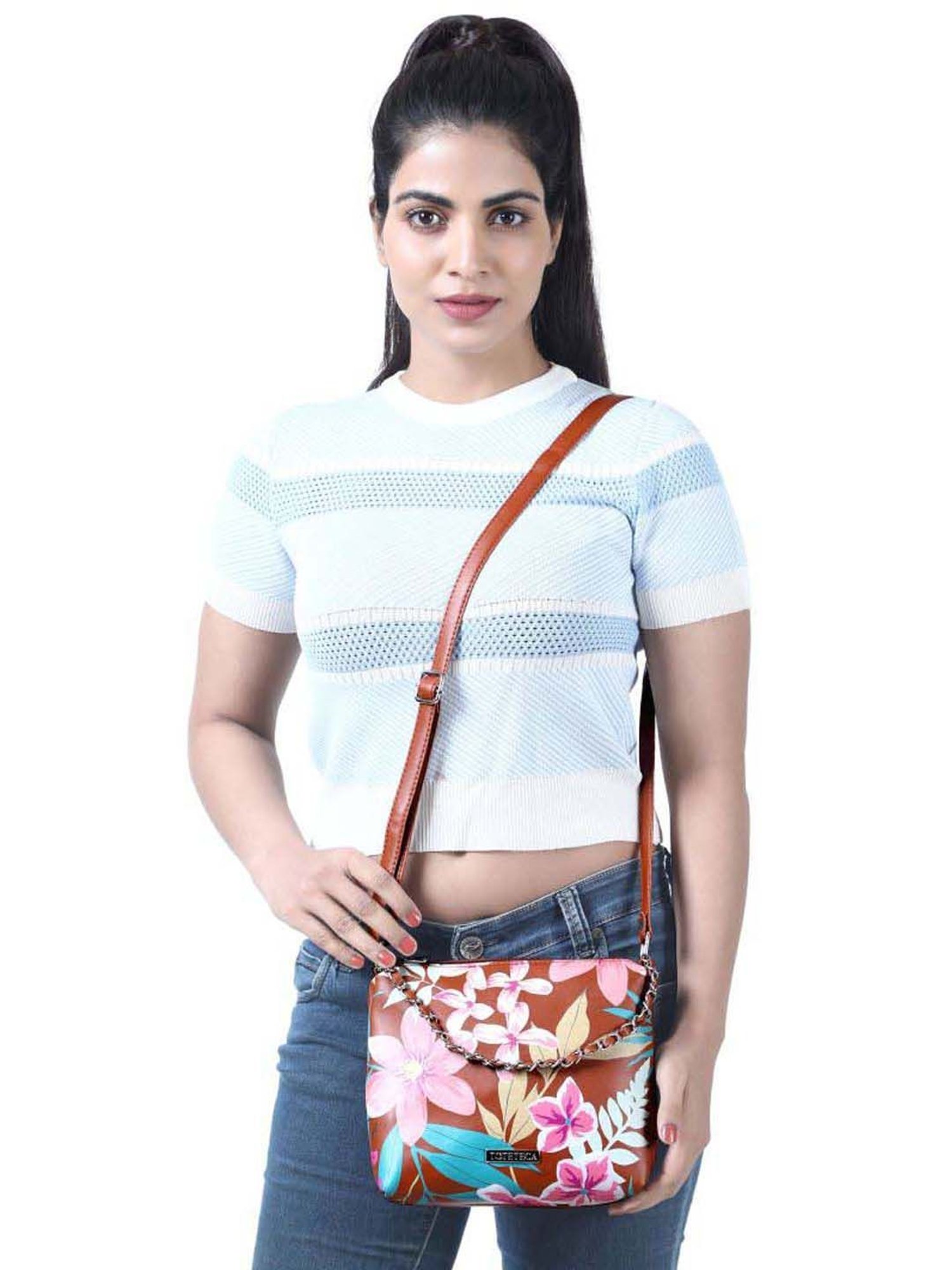 Toteteca Tan Printed Medium Sling Handbag