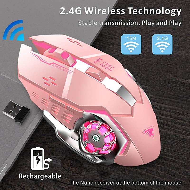 T85 Rechargeable Wireless Mouse 24G Ergonomic Silent Gaming Mice Portable Optical with USB Receiver 3 Adjustable DPI 6 Buttons LED Lights Compatible with LaptopPCChromebook Pink