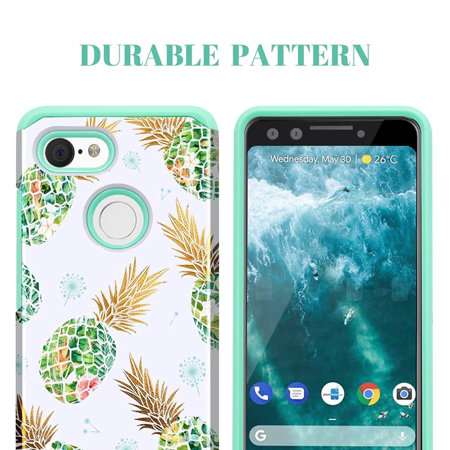 Fingic Google Pixel 3 Case, Pixel 3 Case Pineapple Floral Design Slim Case Hard PC Soft Rubber Anti-Scratch Shockproof Protective Slim Phone Case Cover for Google Pixel 3 (2018) - Mint Green